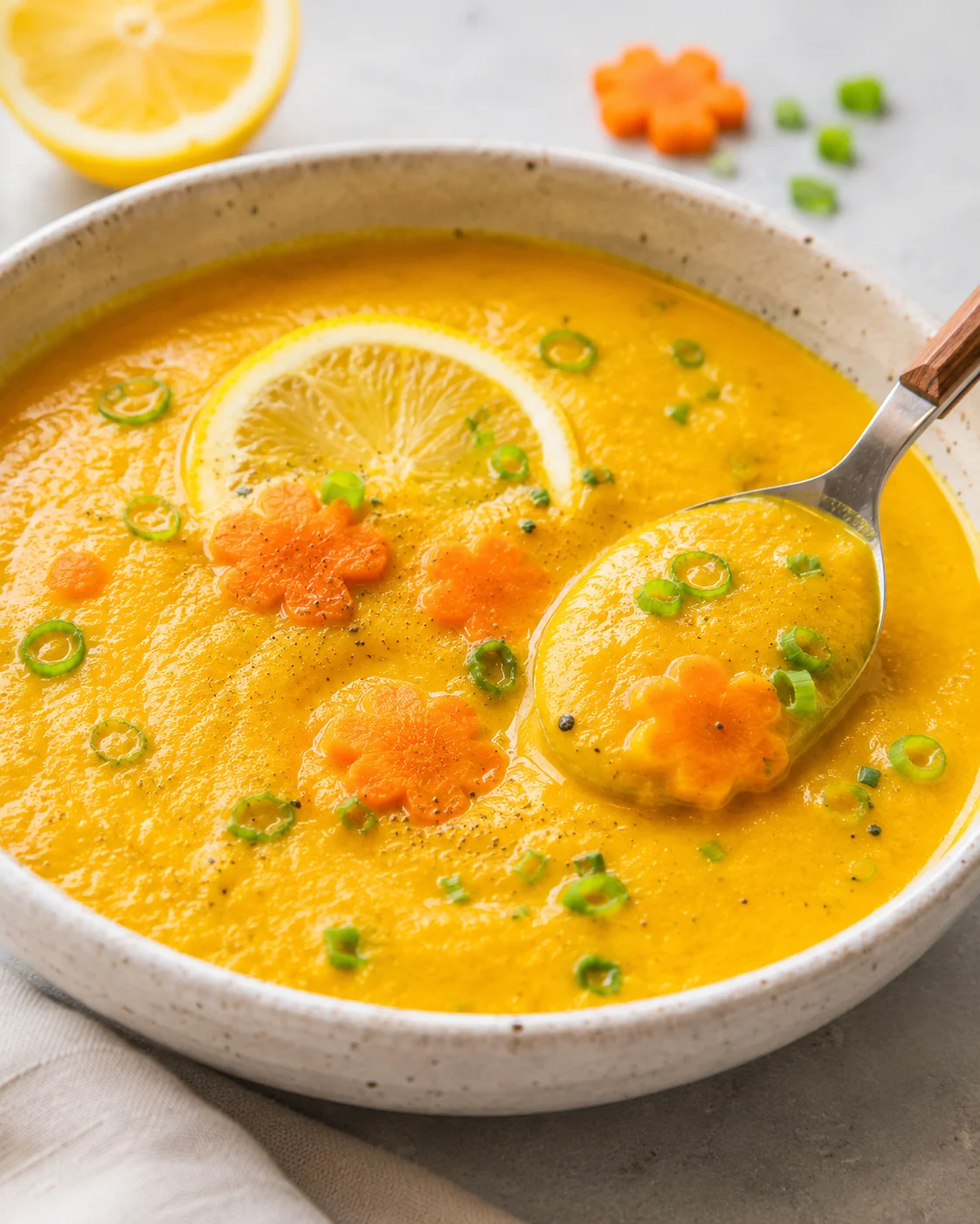 Bright, creamy carrot zucchini soup garnished with lemon slices and green onions.