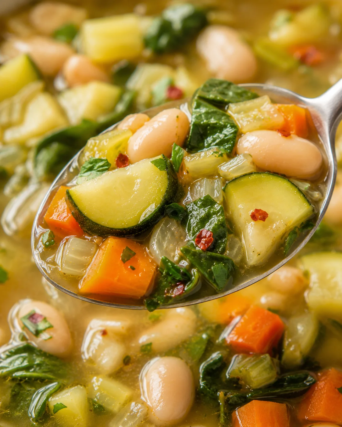 A spoonful of hearty zucchini soup with beans, carrots, and greens