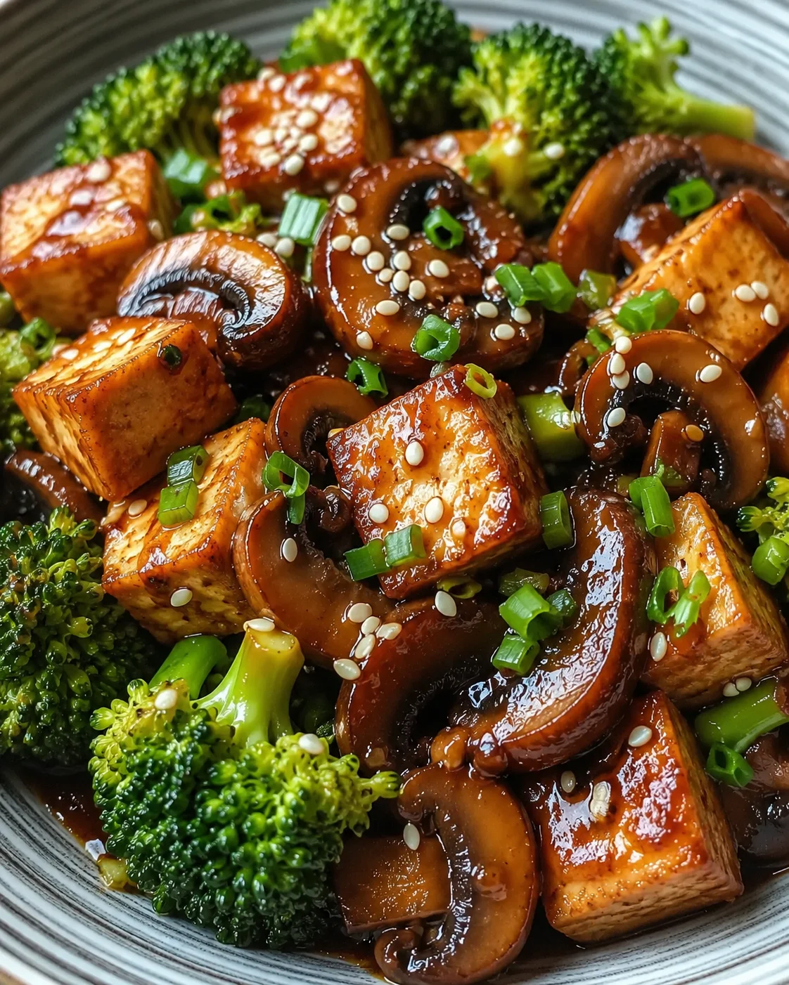 Mushroom and Tofu Stir-Fry Close-up of crispy tofu and meaty mushrooms with broccoli garnish