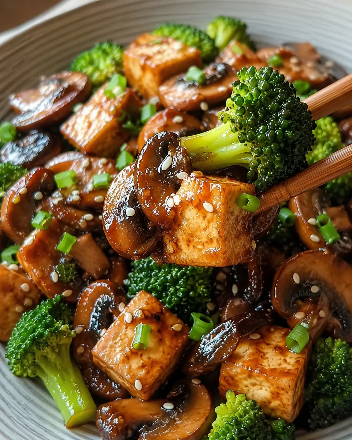 Mushroom and Tofu Stir-Fry Close-up of crispy tofu and sautéed mushrooms with broccoli and sesame seeds.