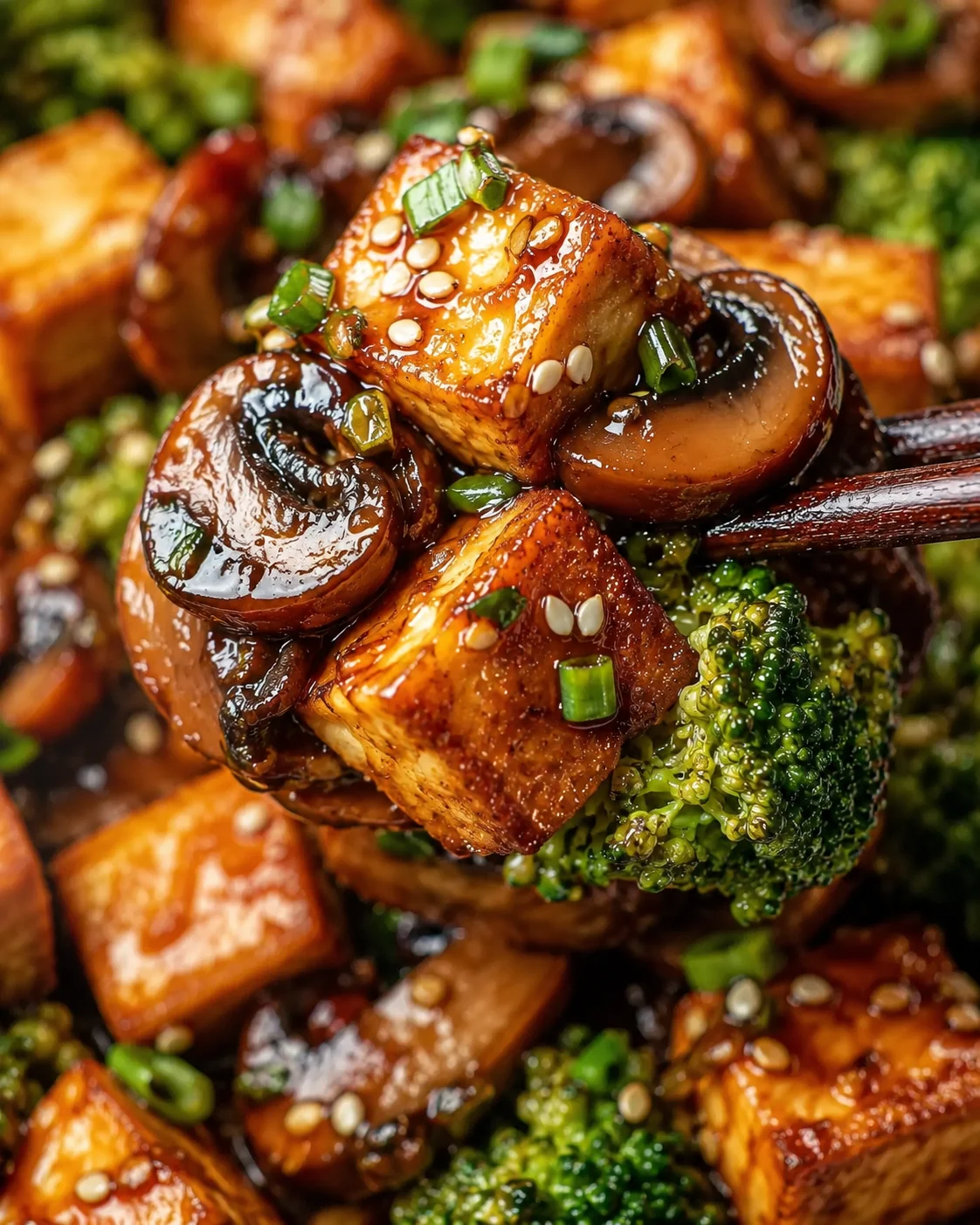 Mushroom and Tofu Stir-Fry Close-up of crispy tofu and savory mushrooms in a flavorful stir-fry dish.