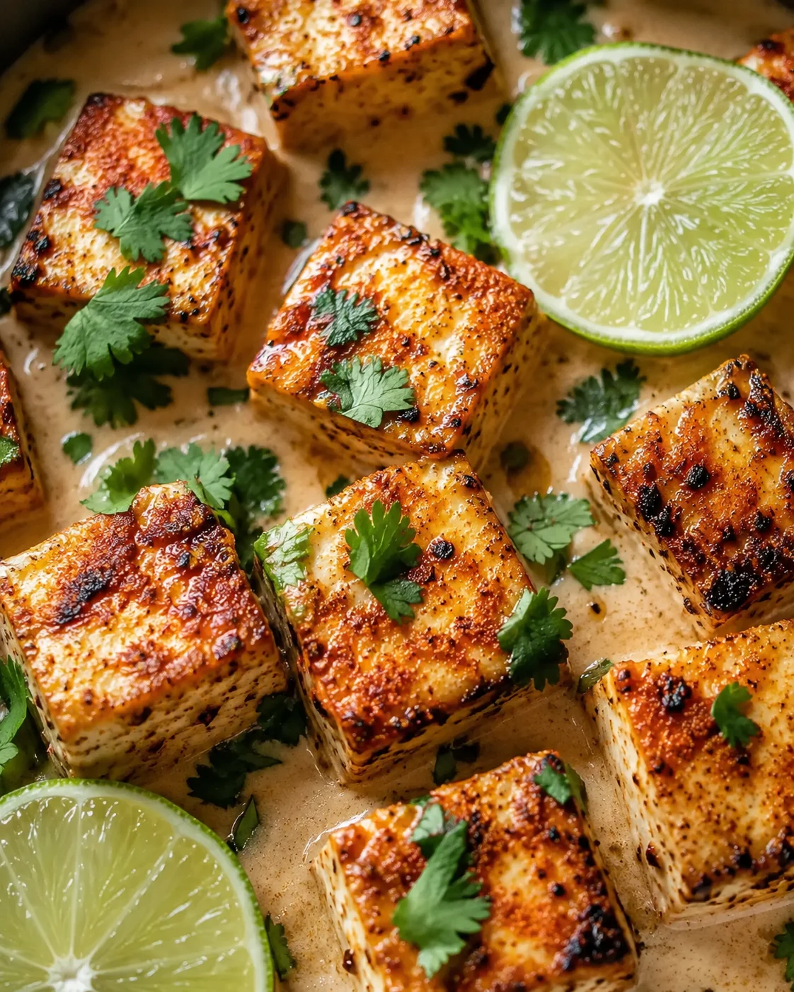 Coconut Lime Tofu Recipe Crispy tofu cubes topped with cilantro and lime slices, served in a creamy sauce
