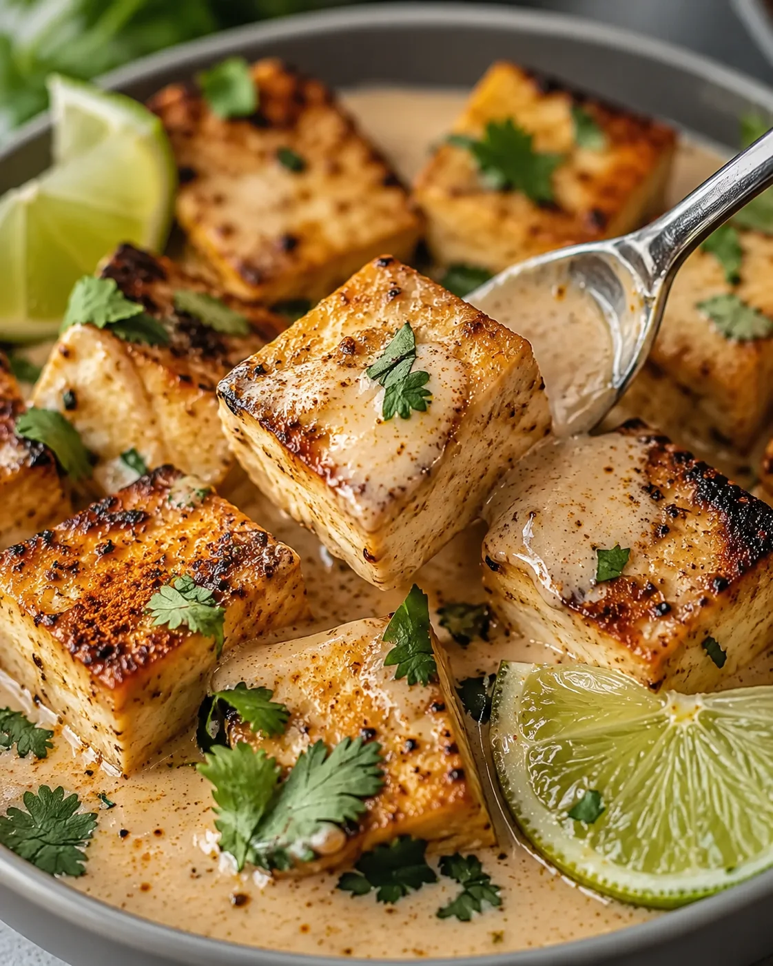 Coconut Lime Tofu Crispy tofu cubes with coconut lime sauce and fresh lime wedges