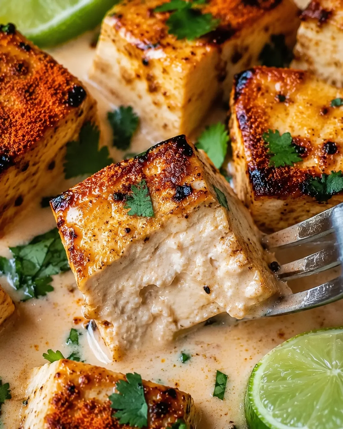 Coconut Lime Tofu Recipe Crispy tofu in a creamy coconut lime sauce garnished with cilantro and lime