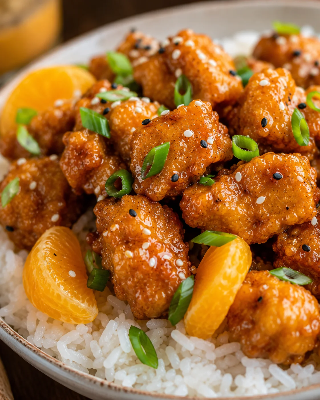 Crispy Vegan Orange Tofu Delicious crispy orange tofu topped with green onions on rice dish