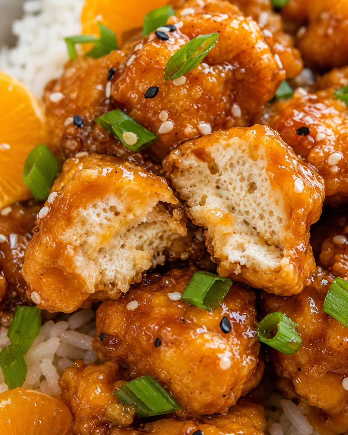 Crispy Vegan Orange Tofu Close-up of crispy orange tofu with green onions and sesame seeds