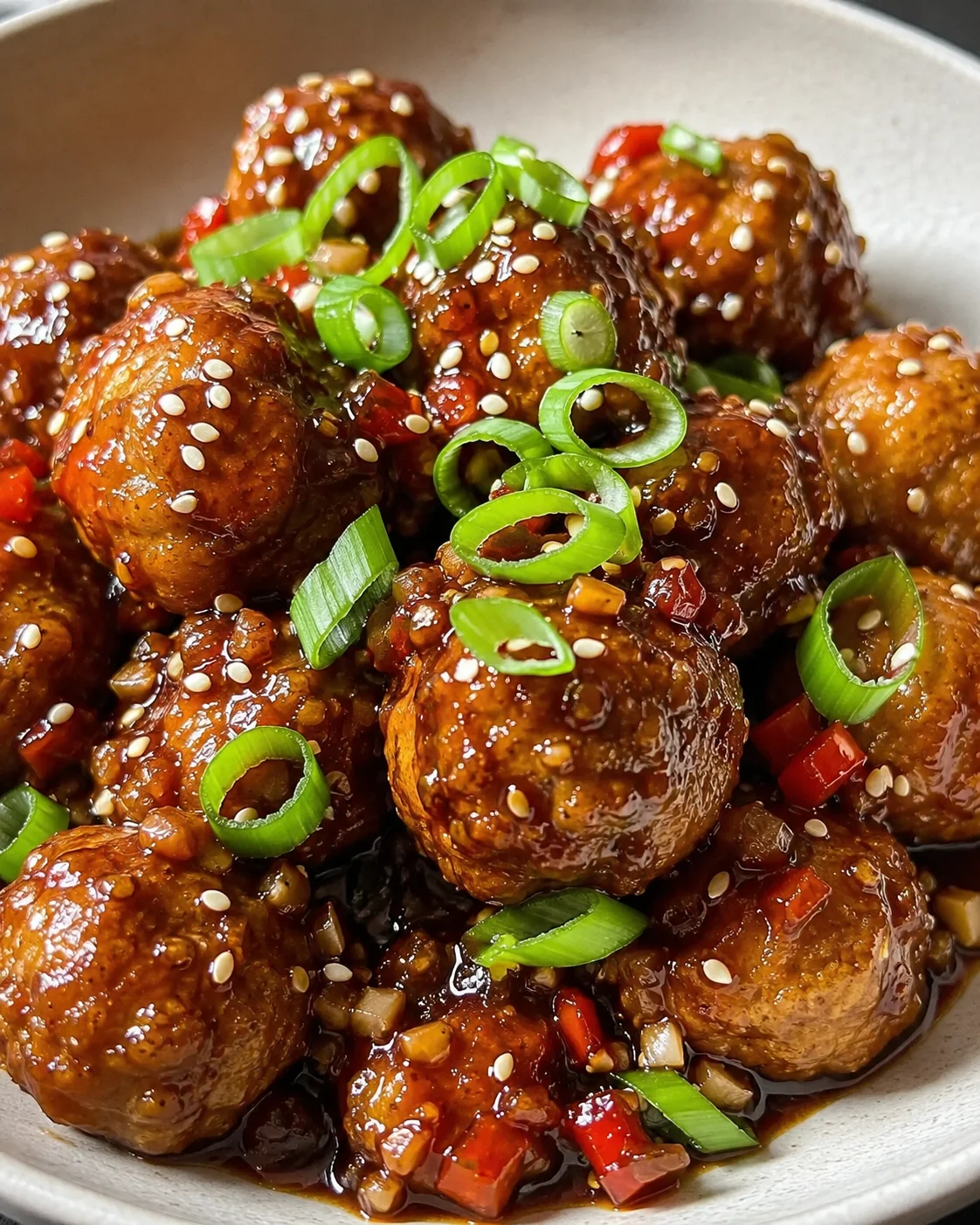 Soy Garlic Tofu Balls Close-up of crispy tofu balls coated in glossy soy garlic sauce, garnished with green onions.