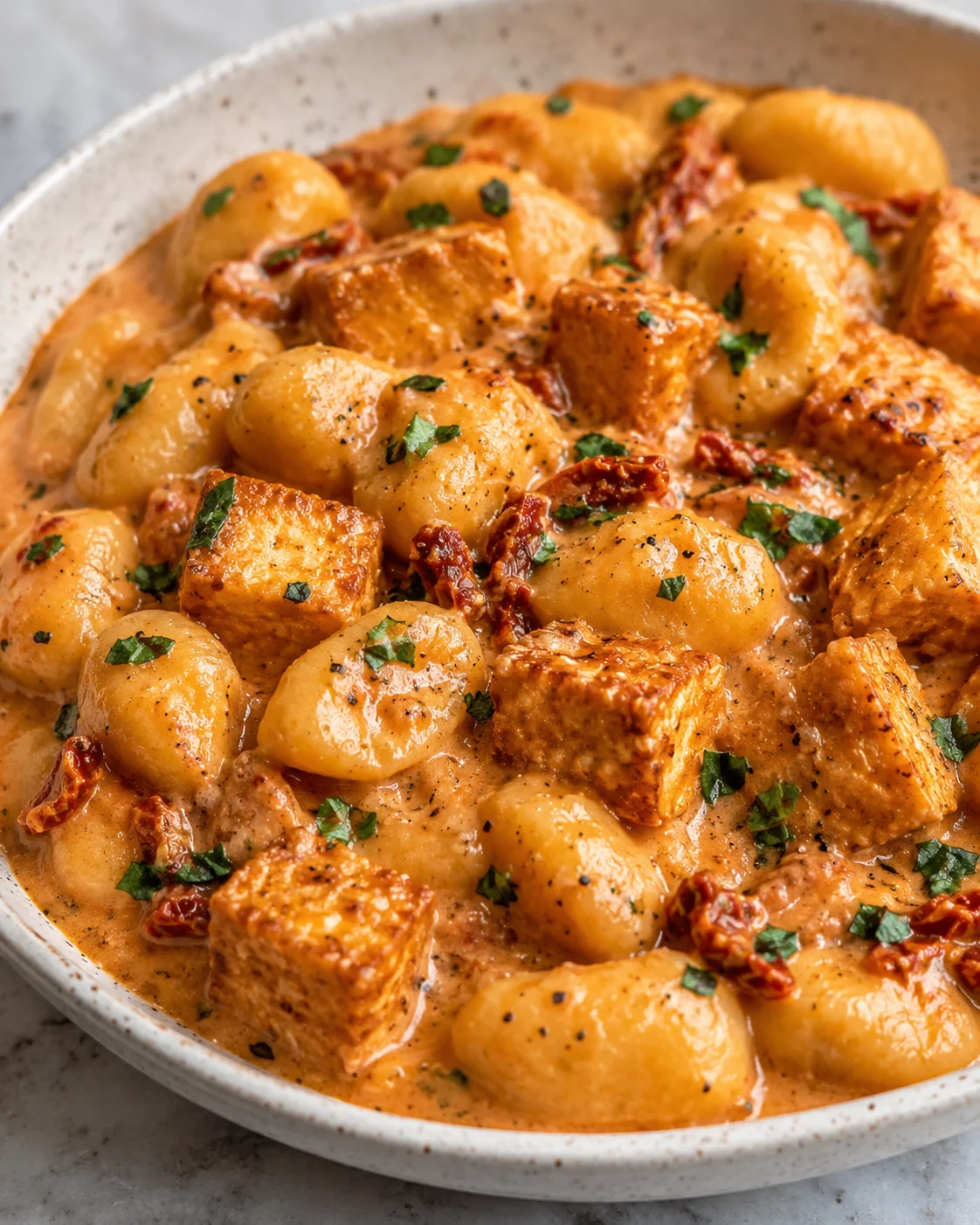 Vegan Crispy Tofu with Gnocchi Creamy vegan tofu and gnocchi dish with sun-dried tomato sauce and fresh herbs