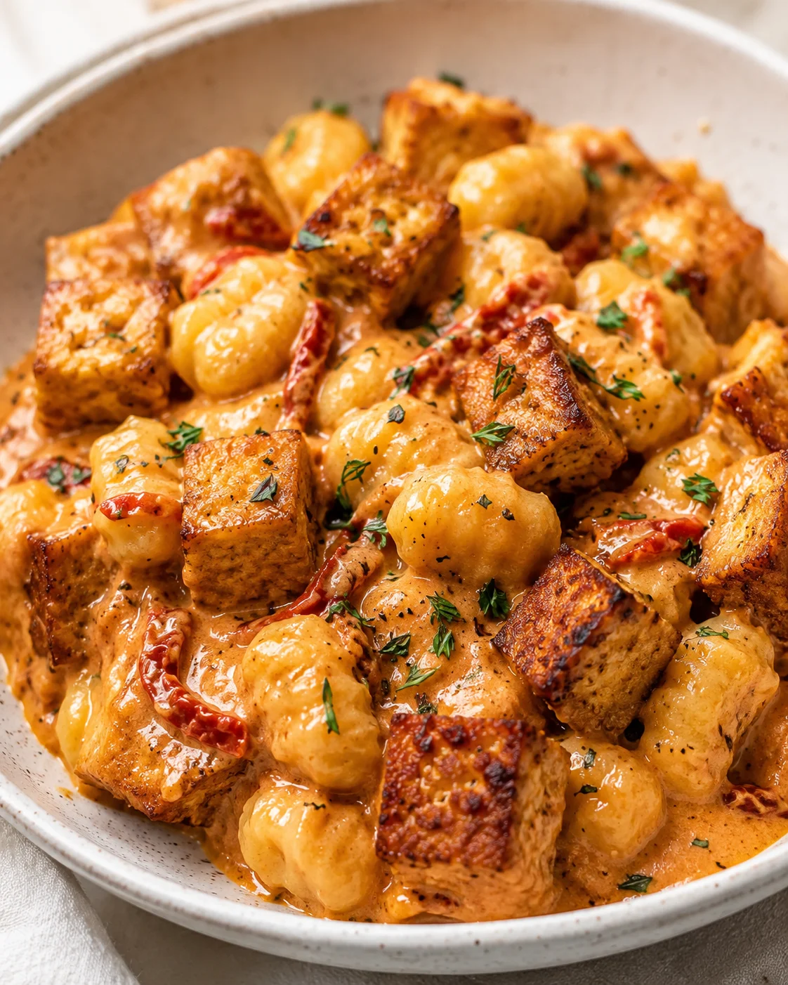 Vegan Crispy Tofu Gnocchi Dish Crispy tofu cubes with creamy sun-dried tomato sauce and gnocchi in a bowl