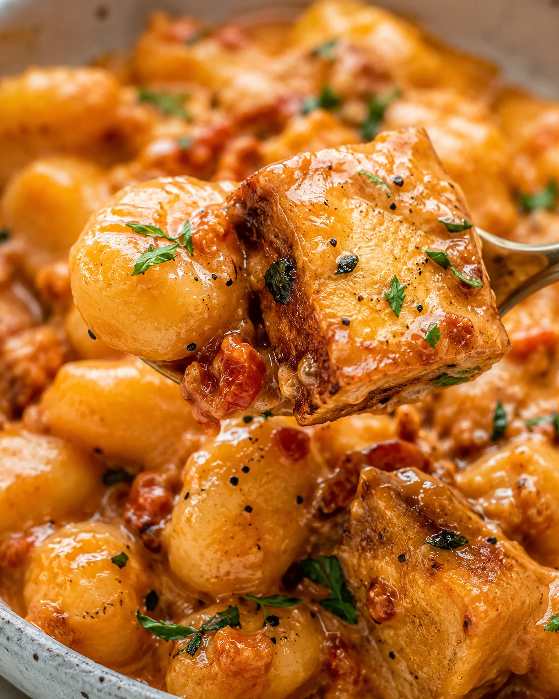 Vegan Crispy Tofu Gnocchi Dish Close-up of creamy sun-dried tomato sauce with crispy tofu and gnocchi