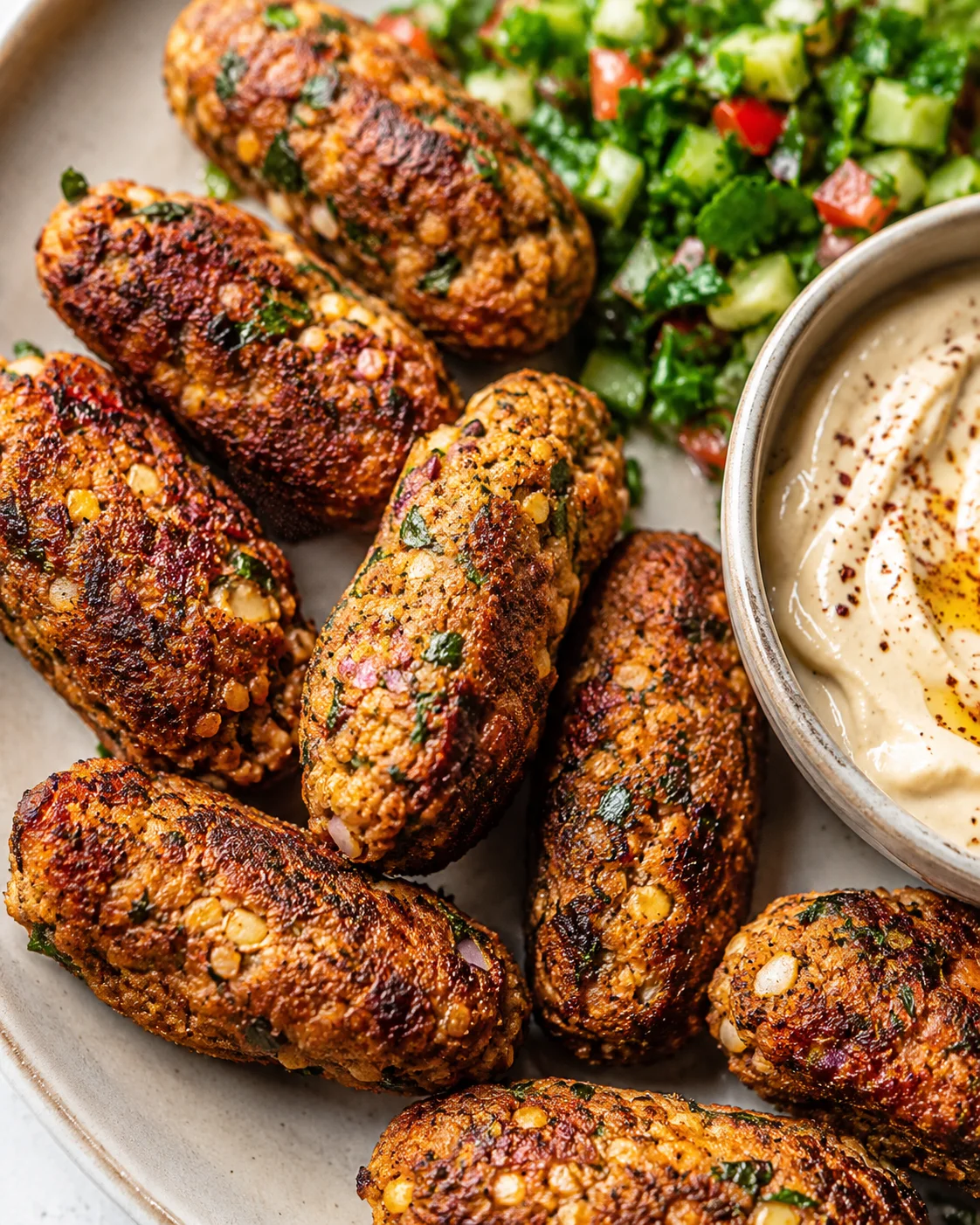 Middle Eastern Tofu Kebabs Crispy vegan tofu kebabs served with fresh herbs and a side of hummus