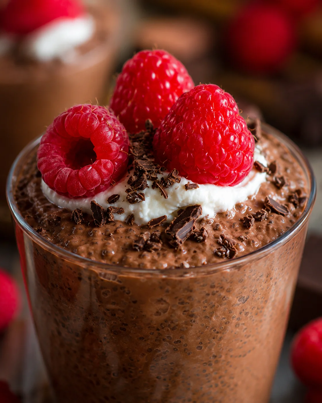 Delicious Chocolate Chia Pudding A rich, creamy chocolate chia pudding topped with raspberries and chocolate shavings.