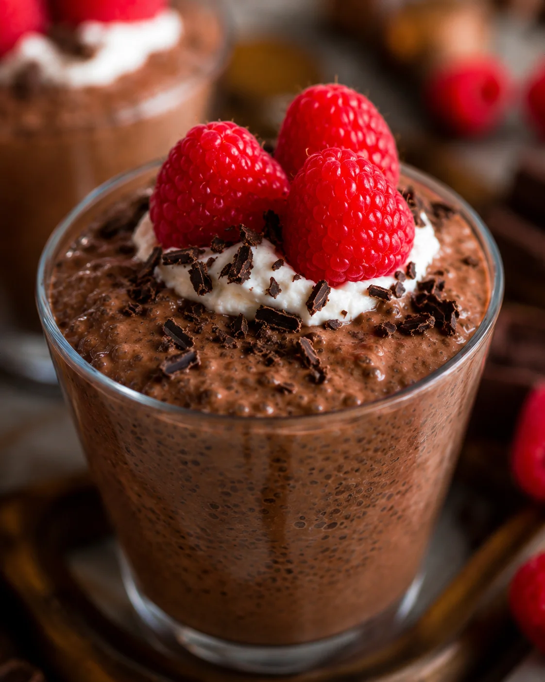 Chocolate Chia Pudding Delicious creamy chocolate chia pudding topped with fresh raspberries and chocolate shavings.