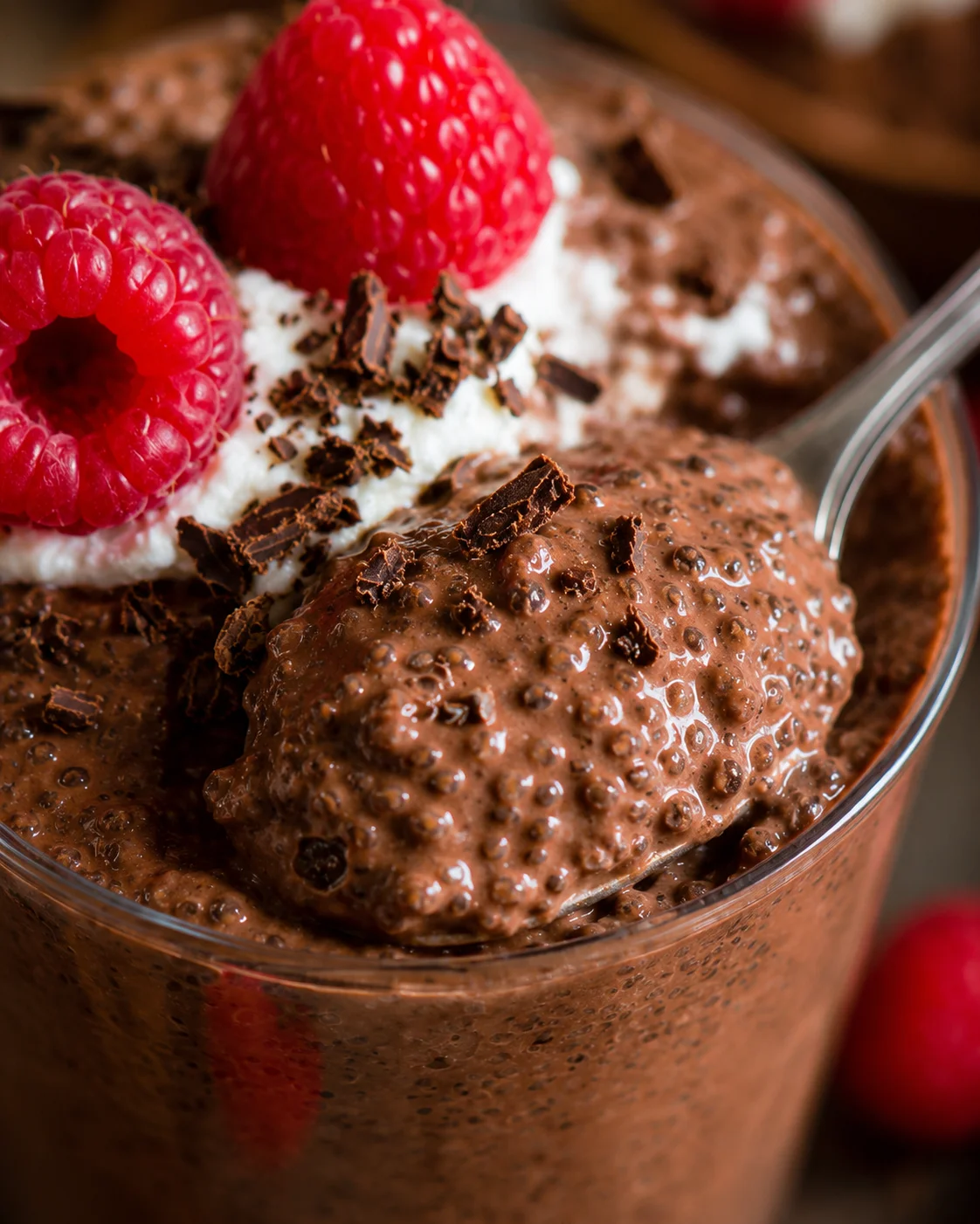 Chocolate Chia Pudding with Raspberries Creamy chocolate chia pudding topped with fresh raspberries and chocolate shavings.