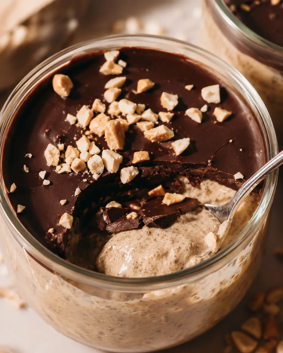 Creamy Peanut Butter Chia Pudding Silky smooth chia pudding topped with dark chocolate and chopped nuts.