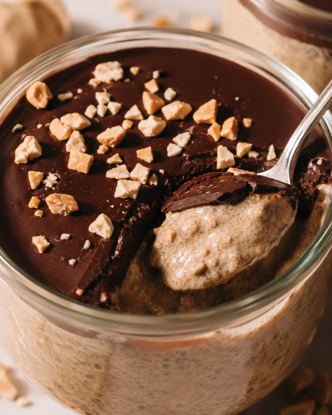 Creamy Peanut Butter Chia Pudding Smooth peanut butter chia pudding topped with a dark chocolate shell and chopped nuts