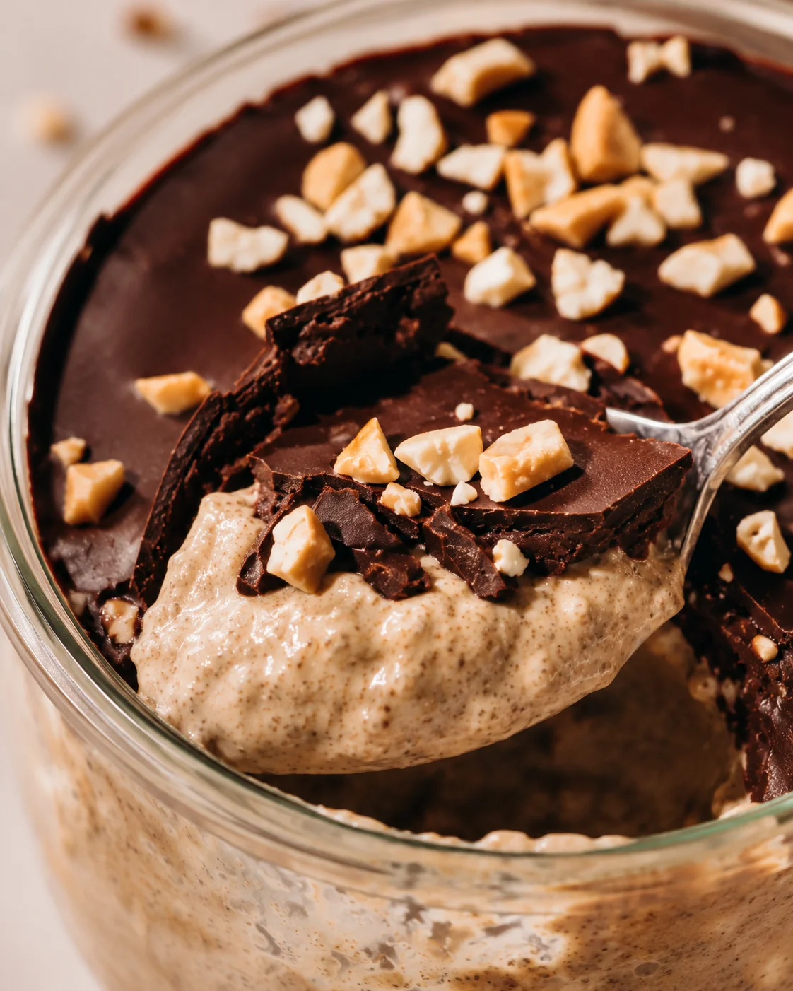 Peanut Butter Chia Pudding with Chocolate Topping Creamy peanut butter chia pudding topped with chopped white chocolate and peanut pieces