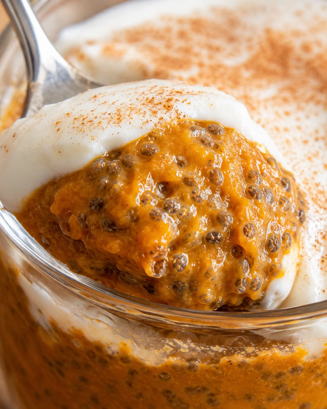 High Protein Pumpkin Chia Pudding Close-up of creamy pumpkin chia pudding topped with cinnamon and chia seeds.
