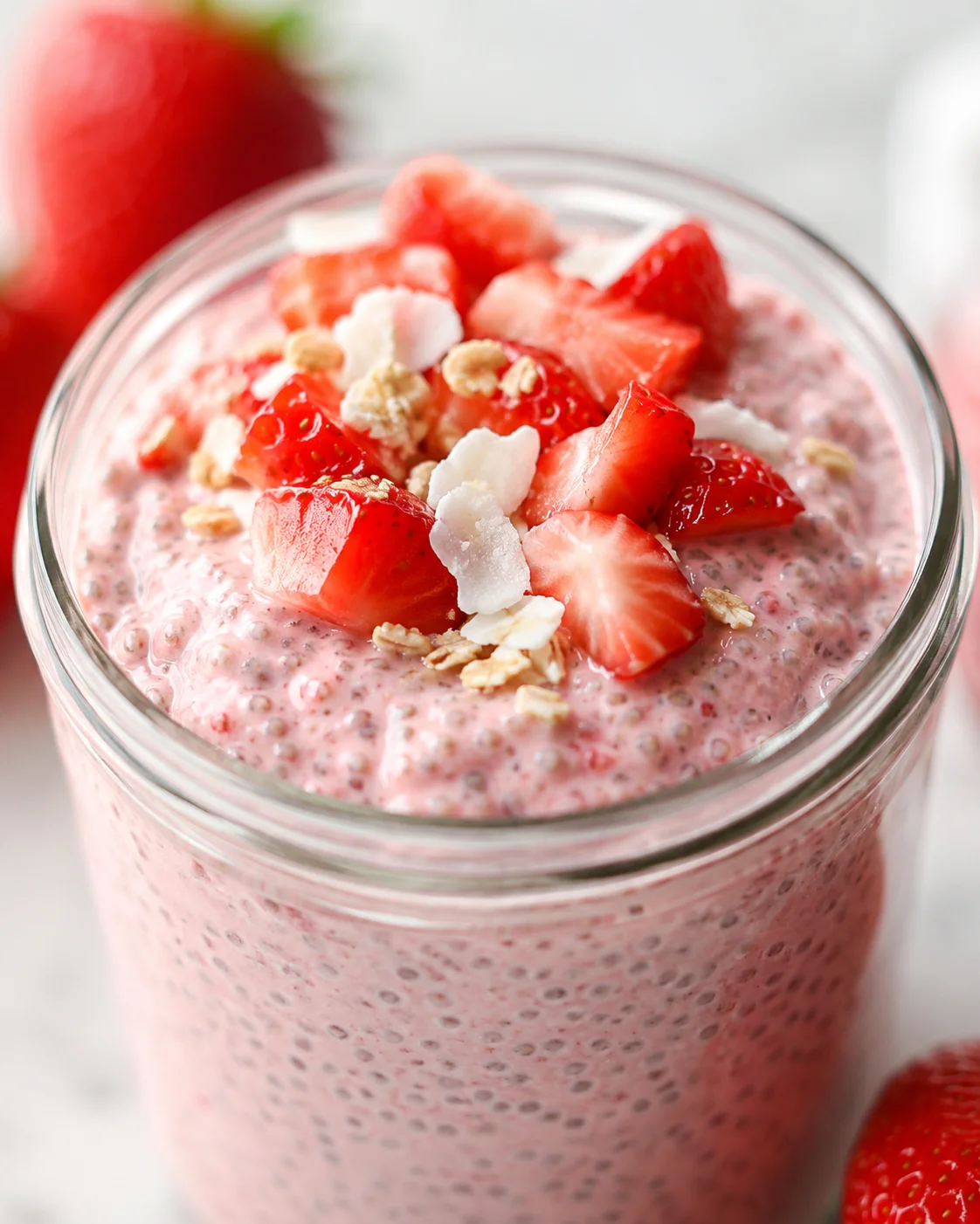 Creamy Strawberry Chia Pudding Delicious creamy strawberry chia pudding topped with fresh strawberries and nuts.