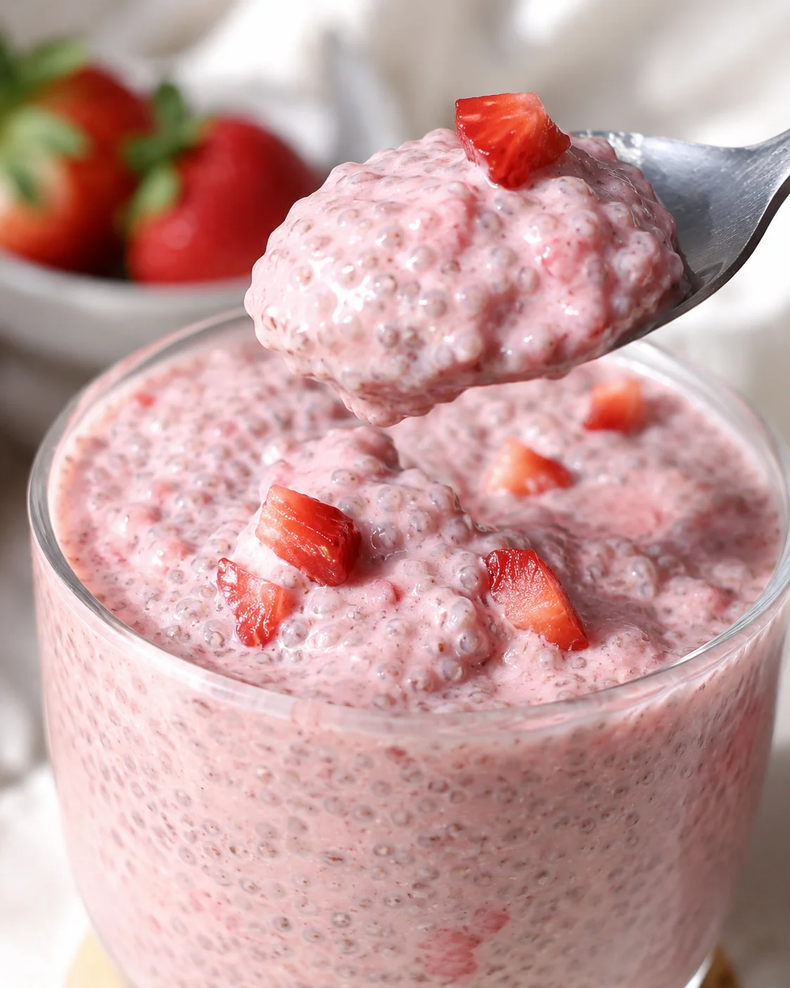 Creamy Strawberry Chia Pudding Close-up of blended strawberry chia pudding garnished with fresh strawberries