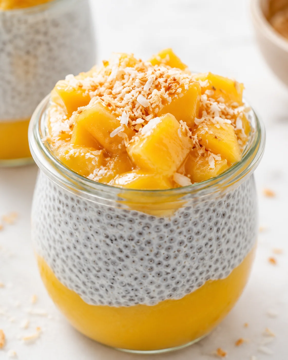 Creamy mango chia pudding topped with toasted coconut in a glass jar