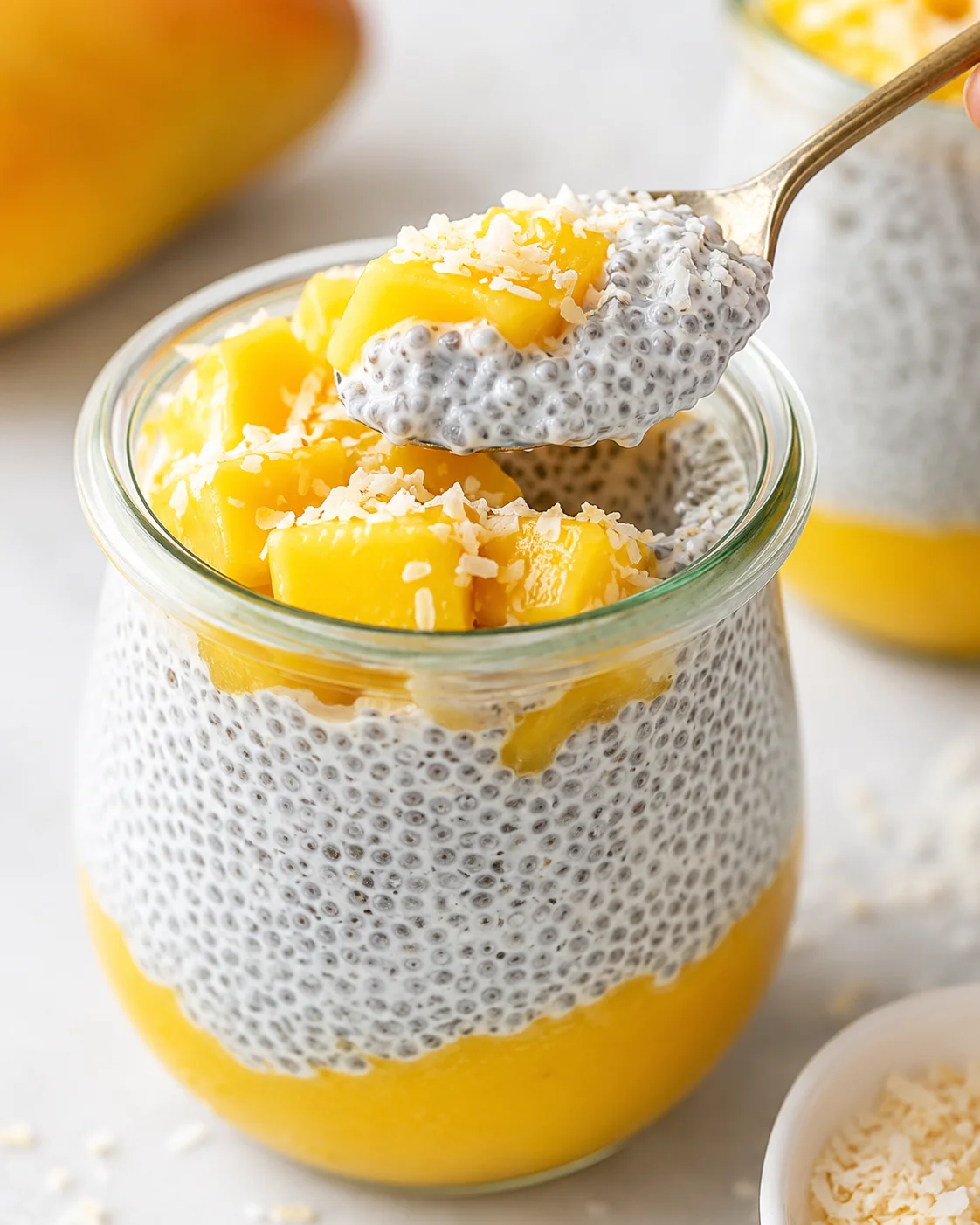 Creamy mango chia pudding topped with toasted coconut in a glass jar.