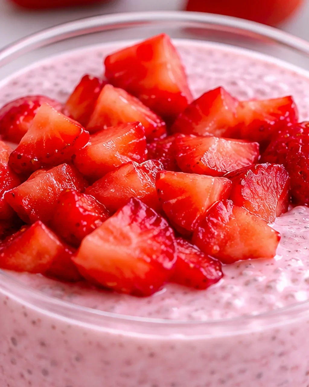 Creamy strawberry cheesecake chia pudding topped with fresh strawberries