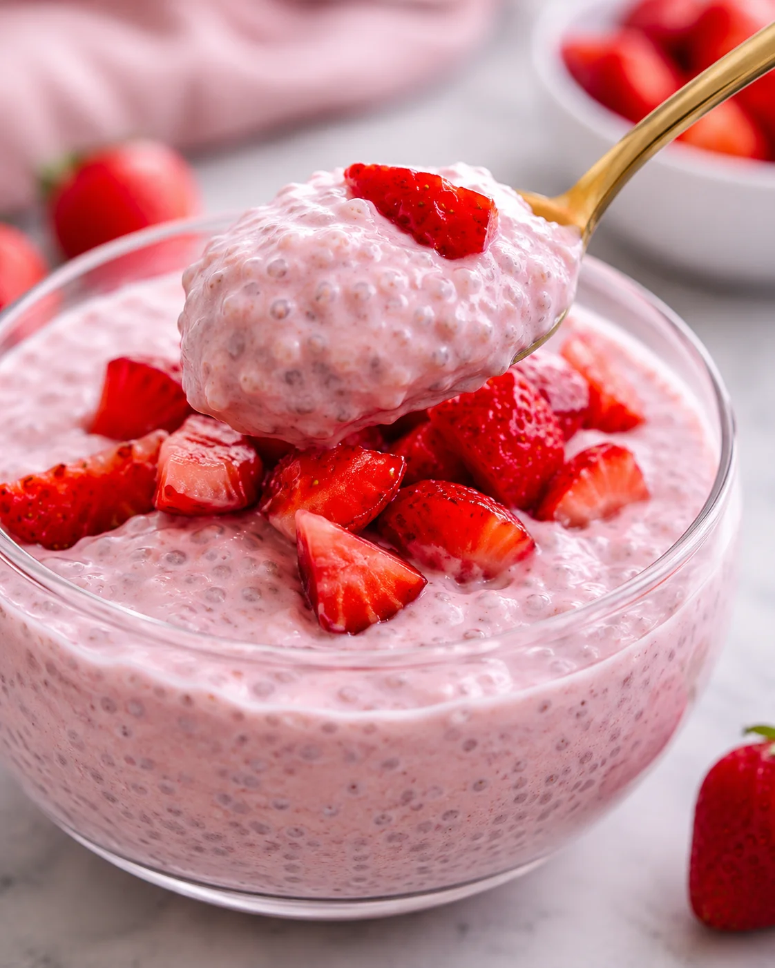 High Protein Strawberry Cheesecake Pudding Creamy strawberry cheesecake chia pudding with fresh strawberries in a glass bowl