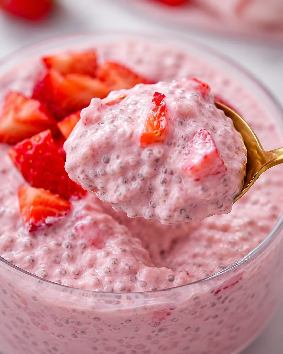 High Protein Strawberry Cheesecake Pudding Creamy strawberry cheesecake chia pudding in a jar with fresh strawberries on top