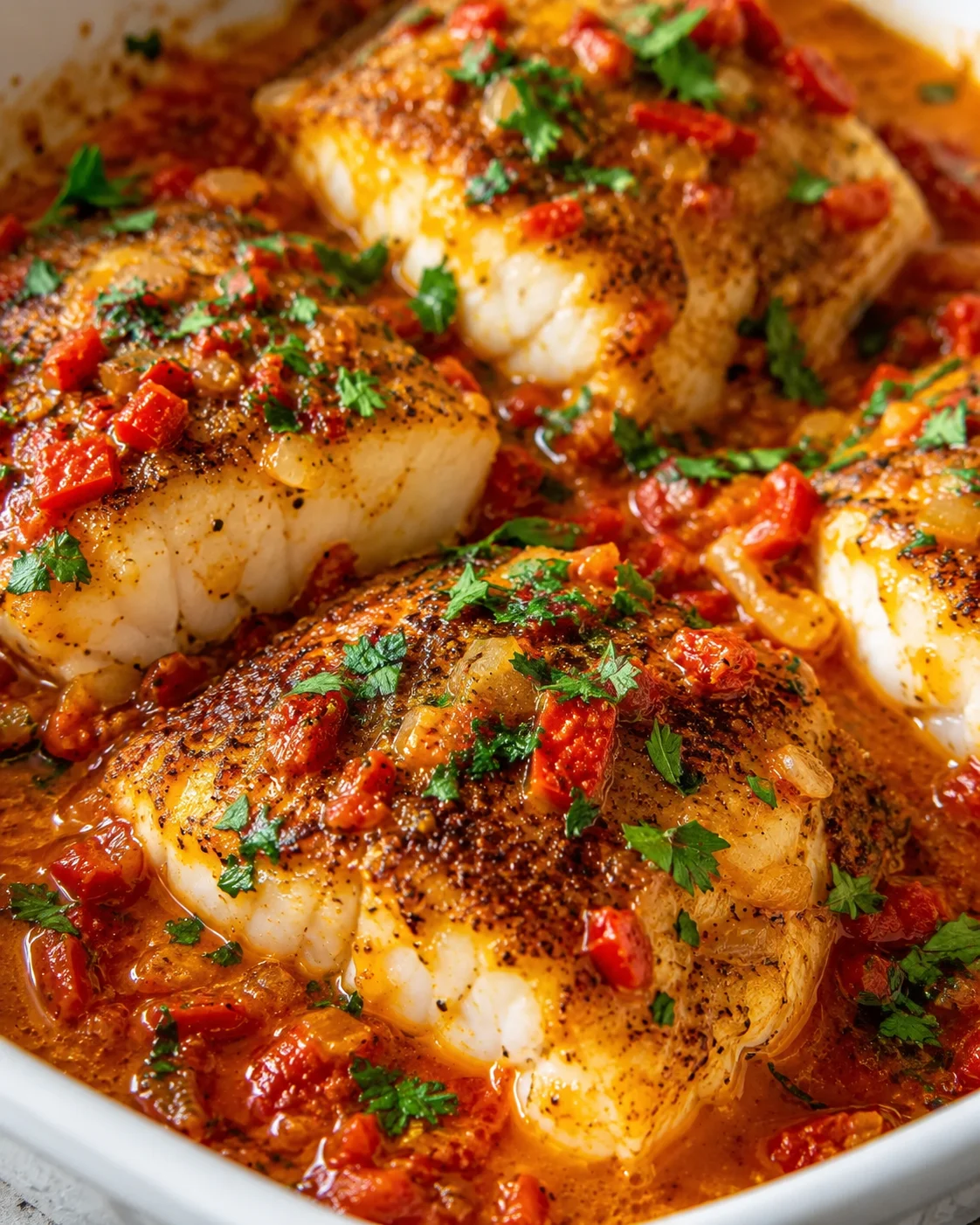 Cod in Roasted Red Pepper Sauce Delicious cod topped with roasted red pepper sauce and fresh herbs in a white dish.