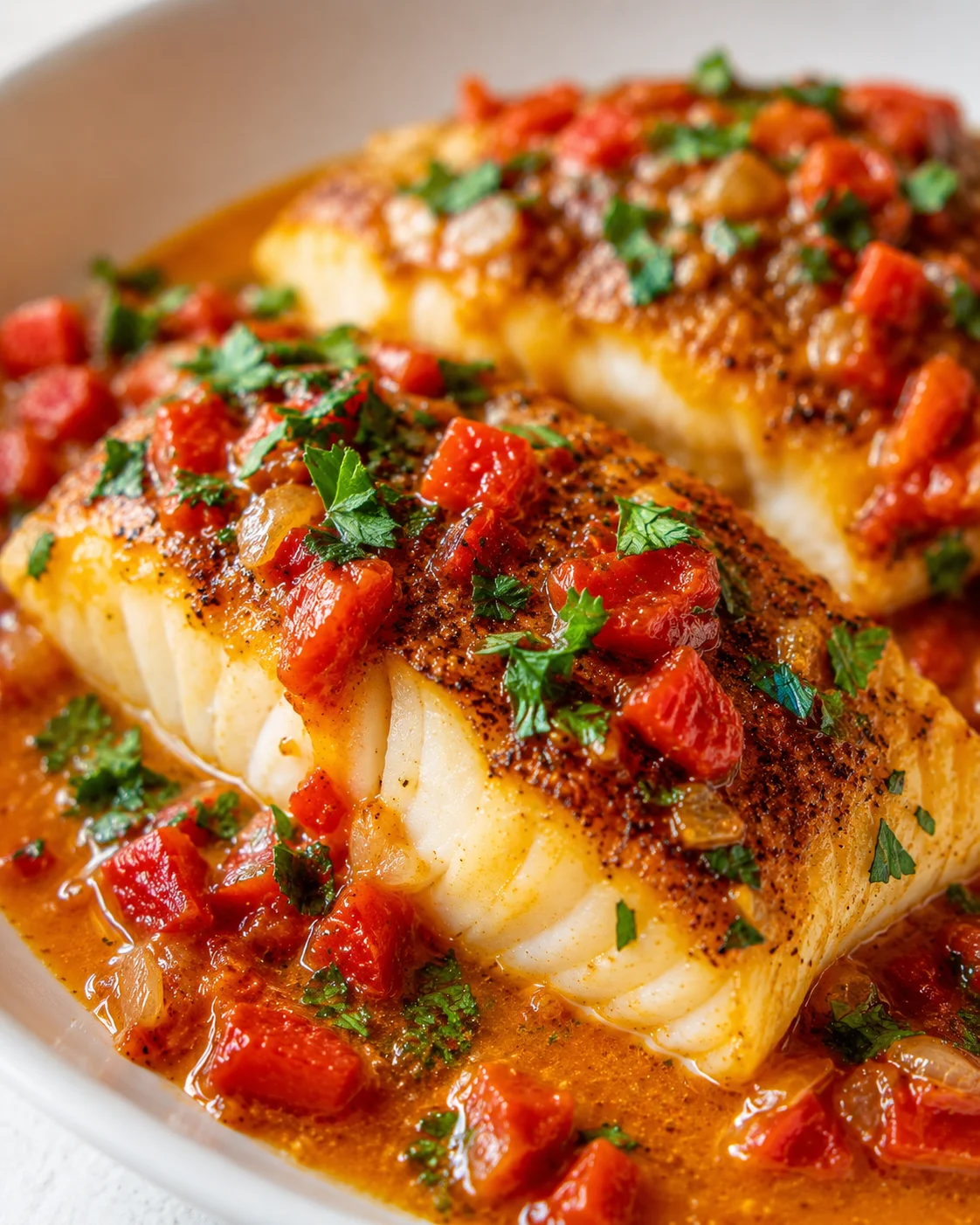 Cod in Roasted Red Pepper Sauce Delicious baked cod topped with vibrant roasted red pepper sauce and herbs