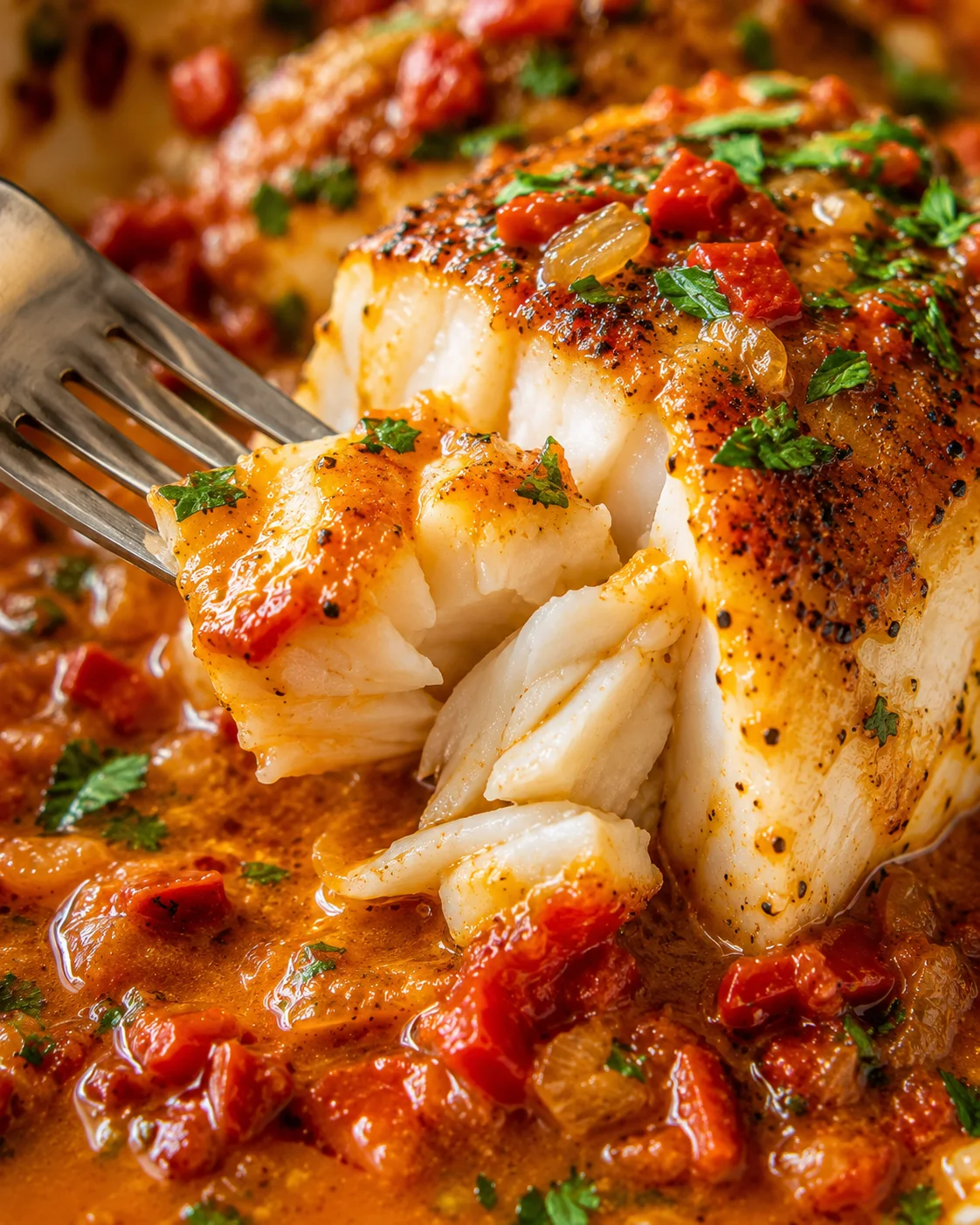 Cod in Roasted Red Pepper Sauce Delicious baked cod topped with vibrant roasted red pepper sauce with herbs.