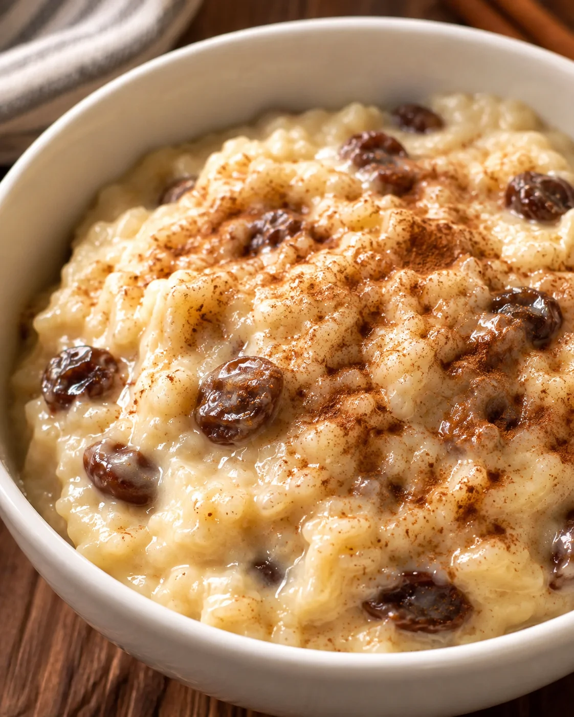 Baked Rice Pudding Creamy baked rice pudding with raisins and cinnamon in a white bowl.