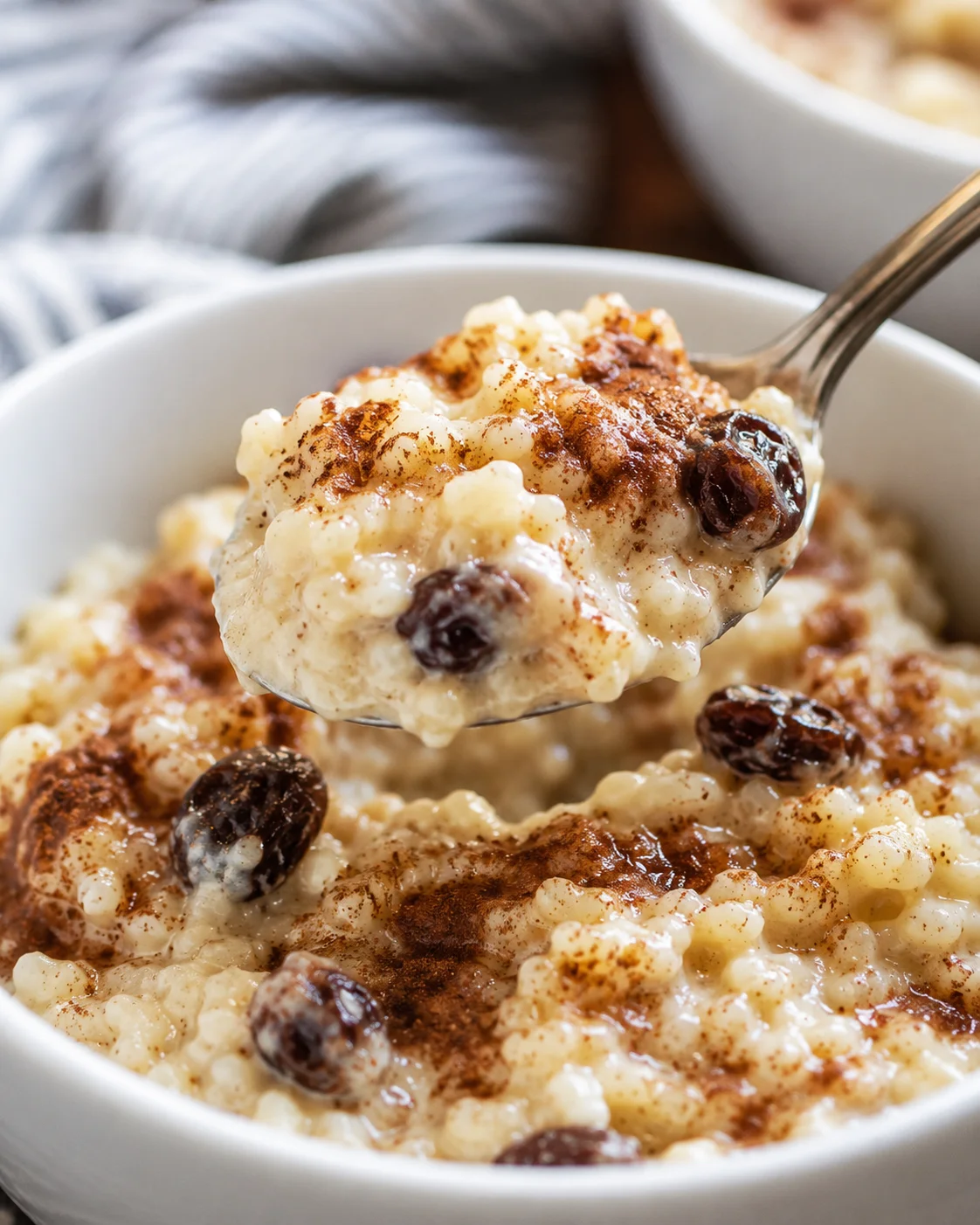 Baked Rice Pudding Creamy baked rice pudding with raisins and cinnamon in a white bowl.