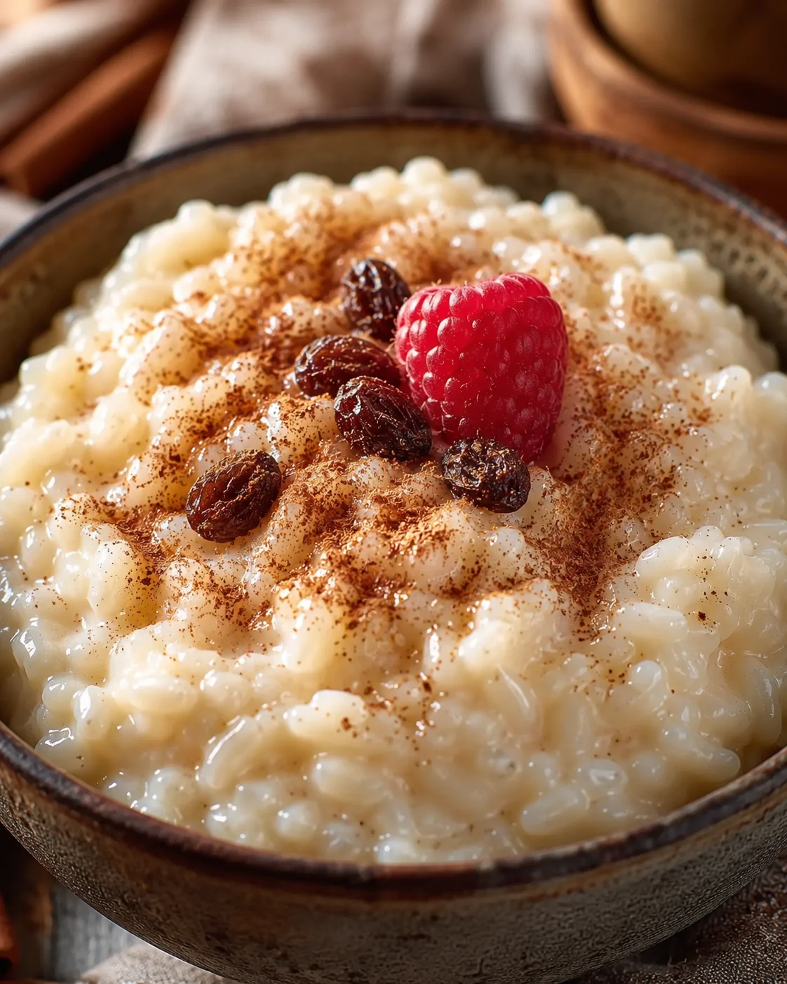 Creamy Rice Pudding with Fresh Berries Close-up of a bowl of creamy rice pudding topped with raspberries and raisins