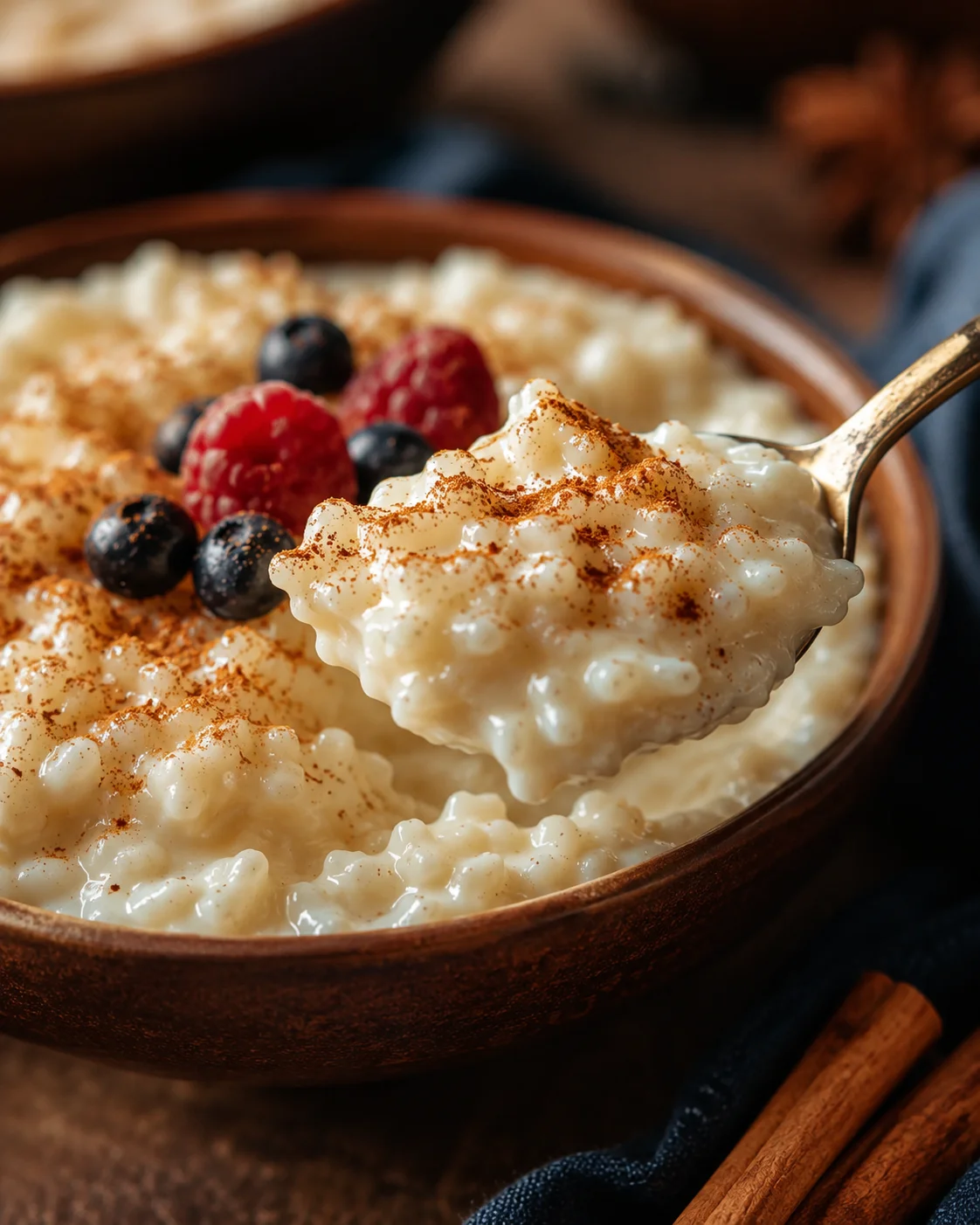 Creamy Rice Pudding with Berries Sweet rice pudding topped with fresh berries and a sprinkle of cinnamon.