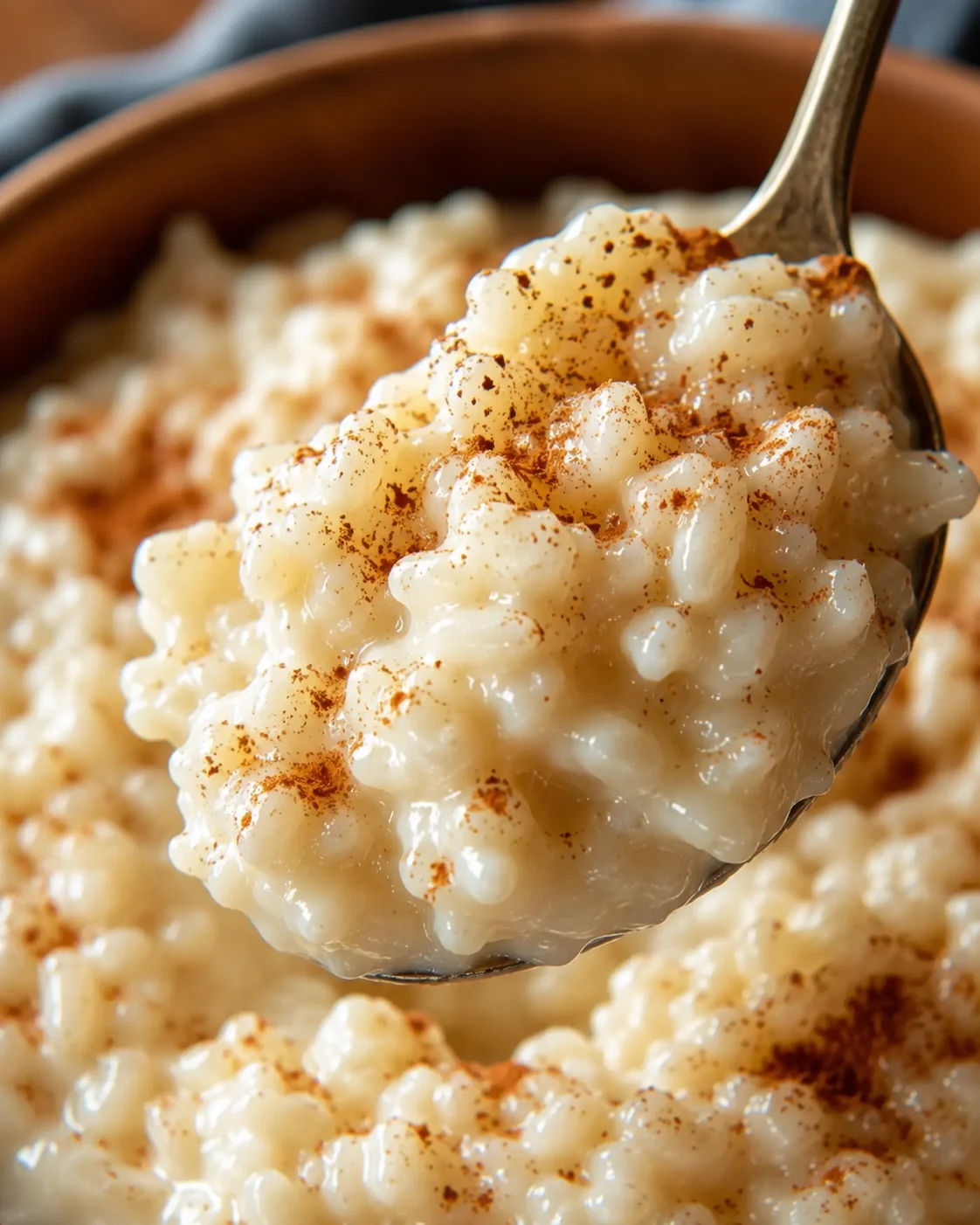 Creamy Rice Pudding with Perfect Rice Close-up of creamy rice pudding with a sprinkle of spices in a bowl