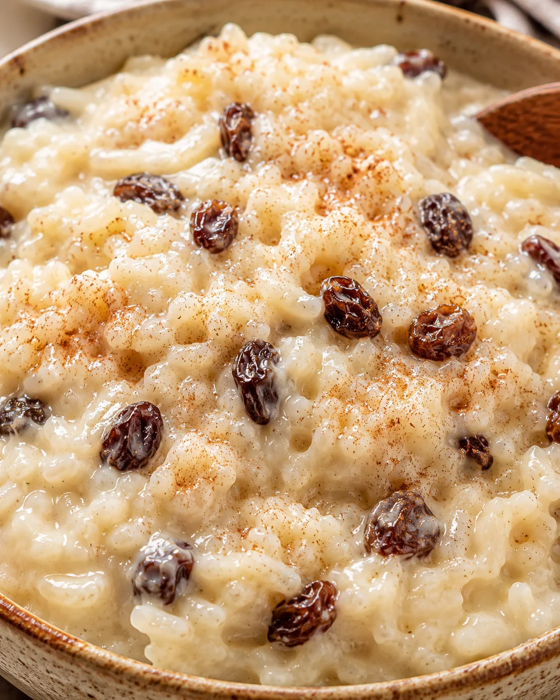 Creamy rice pudding topped with raisins and cinnamon in a rustic bowl.