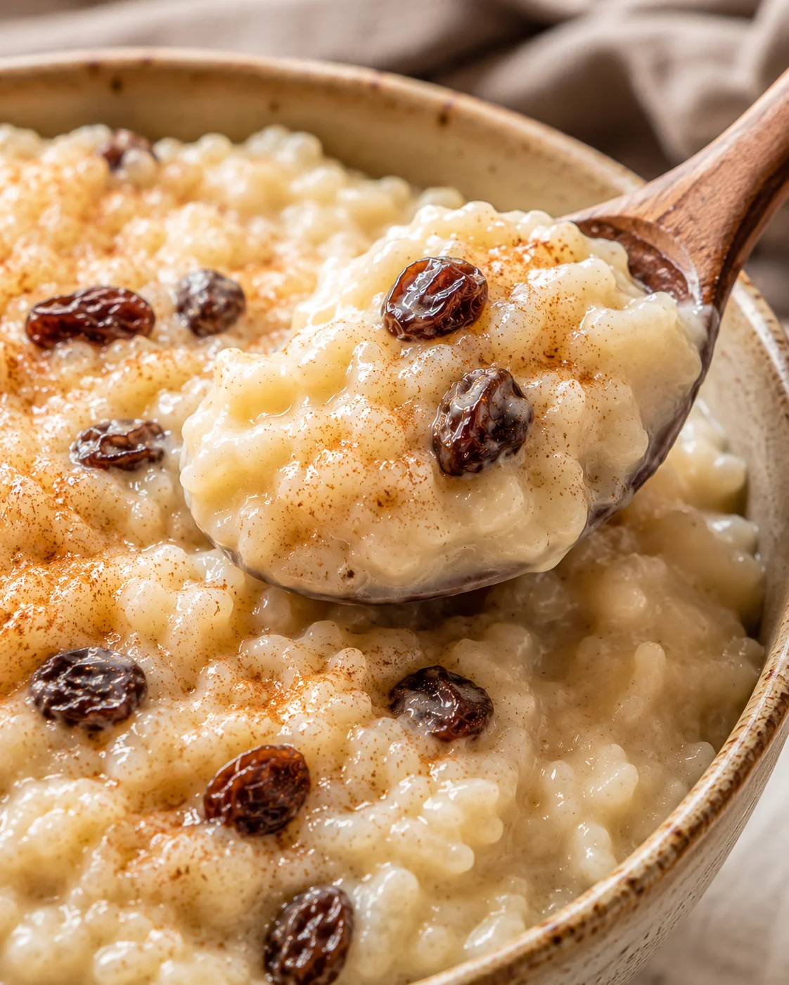 A close-up of creamy rice pudding topped with raisins and cinnamon in a rustic bowl