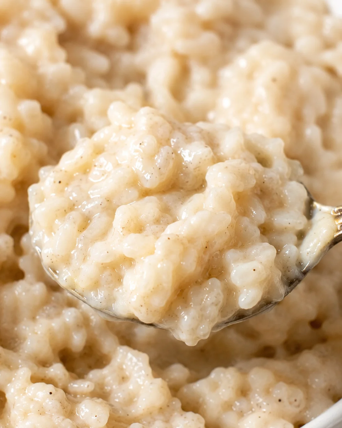 Creamy Slow Cooker Rice Pudding Close-up of creamy, homemade rice pudding loaded with cozy flavors.
