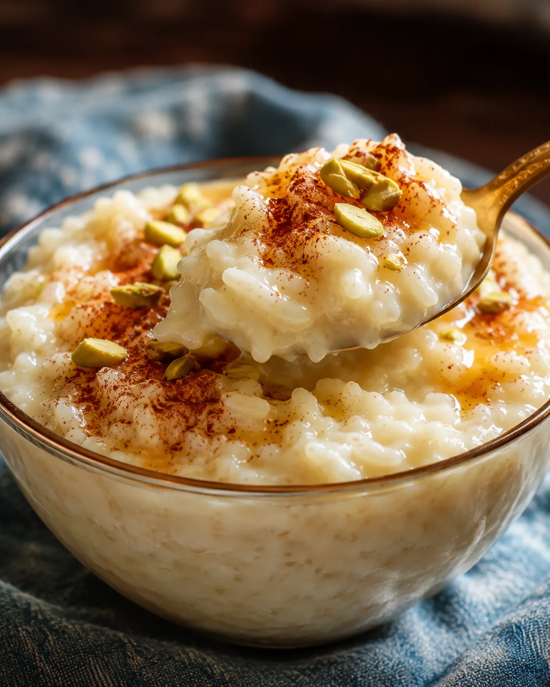 Comforting Rice Pudding with Cooked Rice Creamy rice pudding topped with pistachios and cinnamon in a glass bowl.