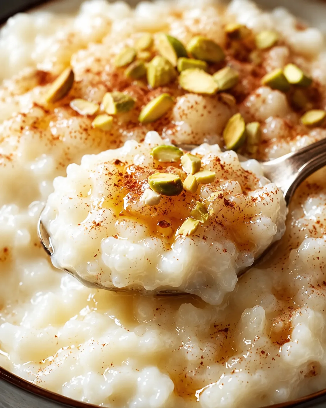 Creamy Rice Pudding with Pistachios Close-up of creamy rice pudding topped with chopped pistachios and cinnamon