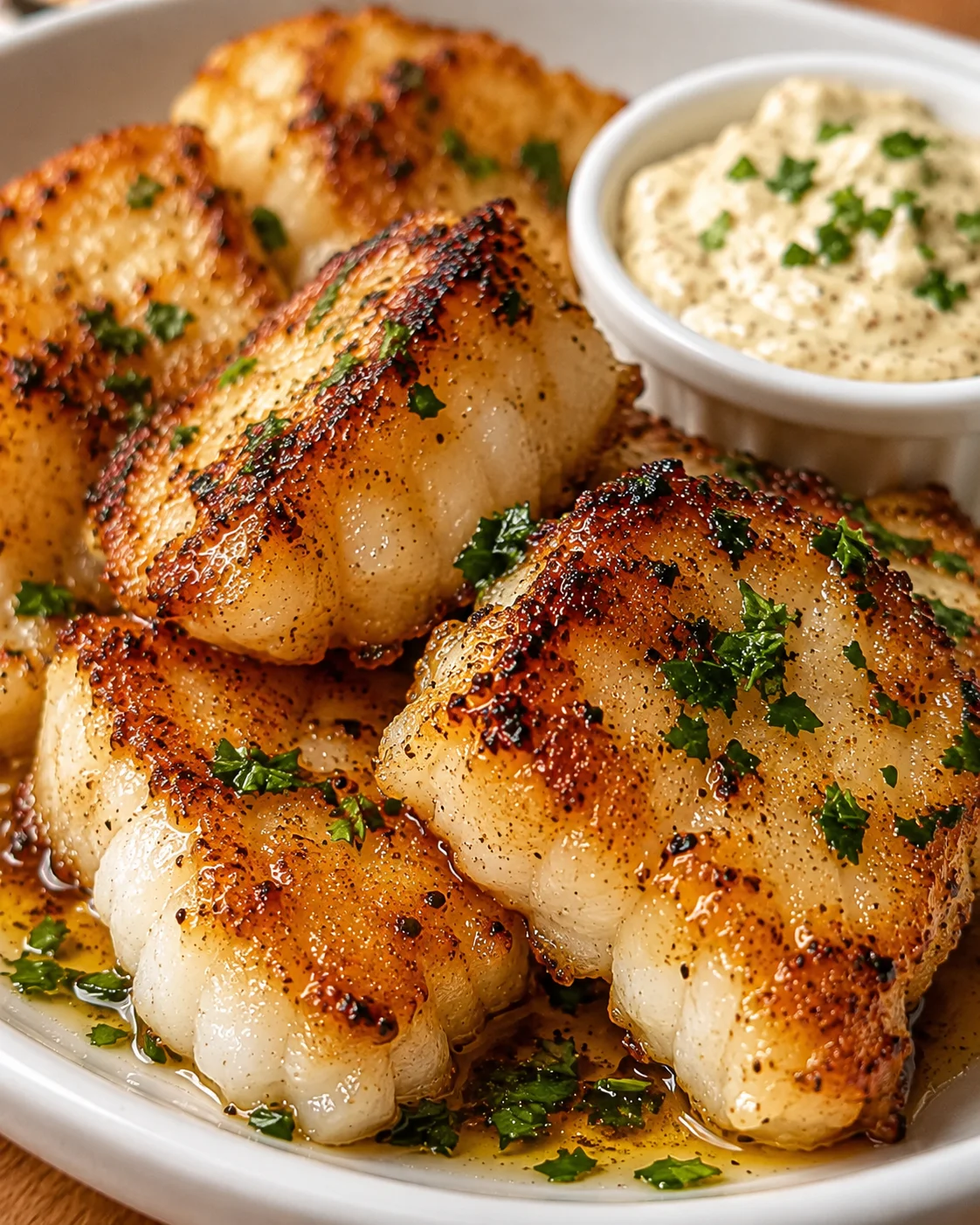 Crispy lemon butter fish bites served with creamy garlic aioli on a white plate