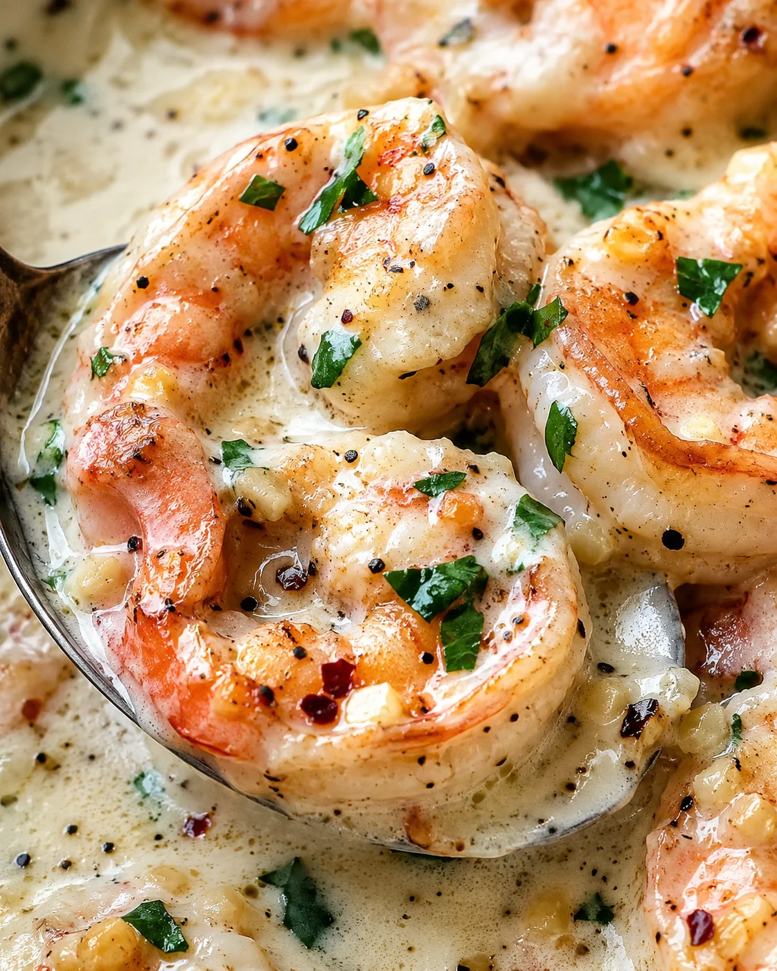 Garlic Shrimp in Coconut Milk Close-up of succulent shrimp cooked in creamy coconut sauce with herbs and spices.