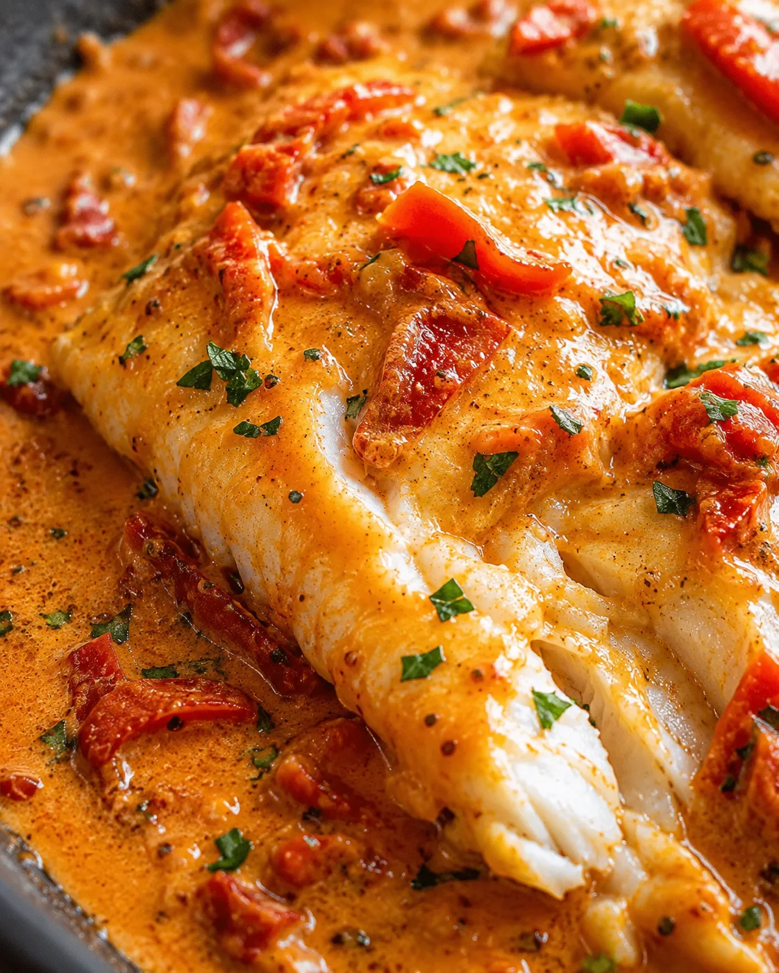 Delicious tilapia fillet topped with smoky roasted pepper sauce and garnished with herbs