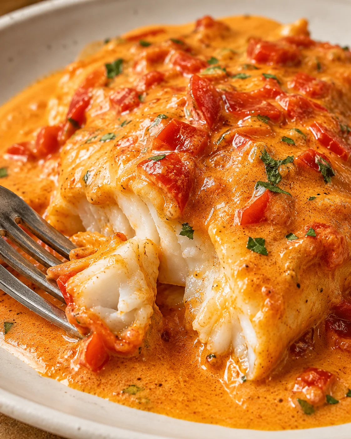 Delicious tilapia fillet topped with roasted red pepper sauce and herbs.