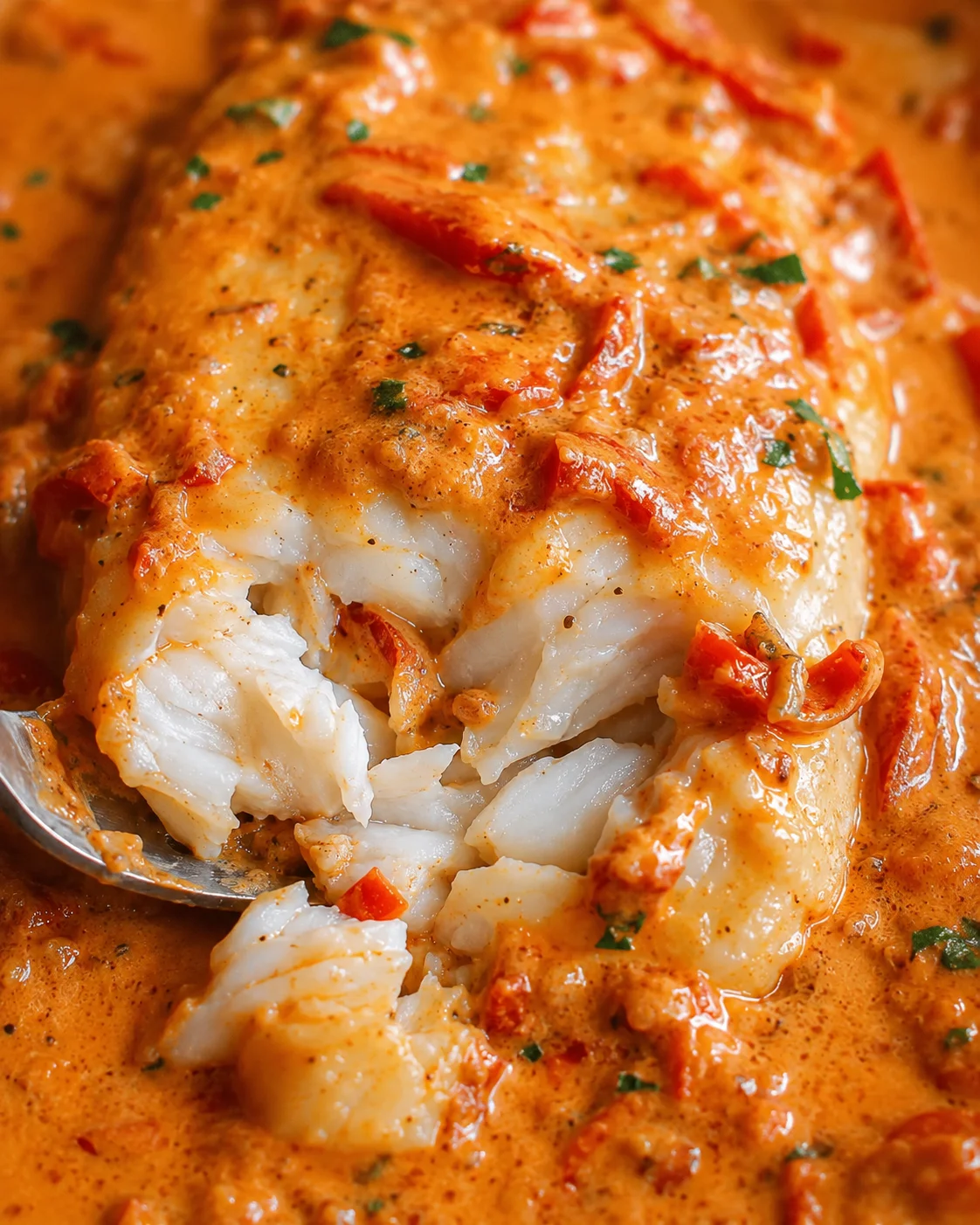 Delicious baked tilapia topped with smoky roasted pepper sauce in a skillet.