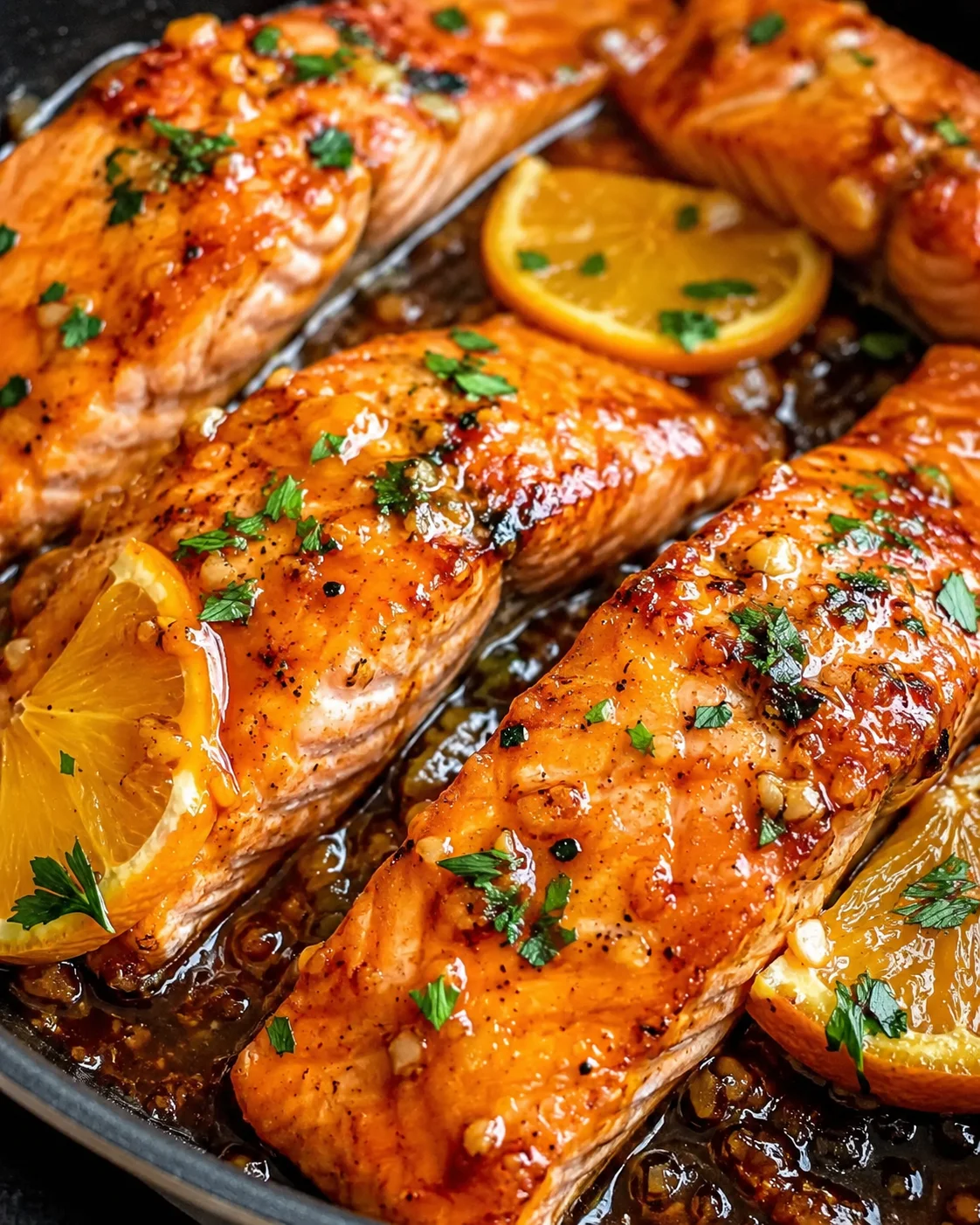 Orange Glazed Salmon Juicy, glazed salmon fillets with orange slices and herbs, cooked to perfection