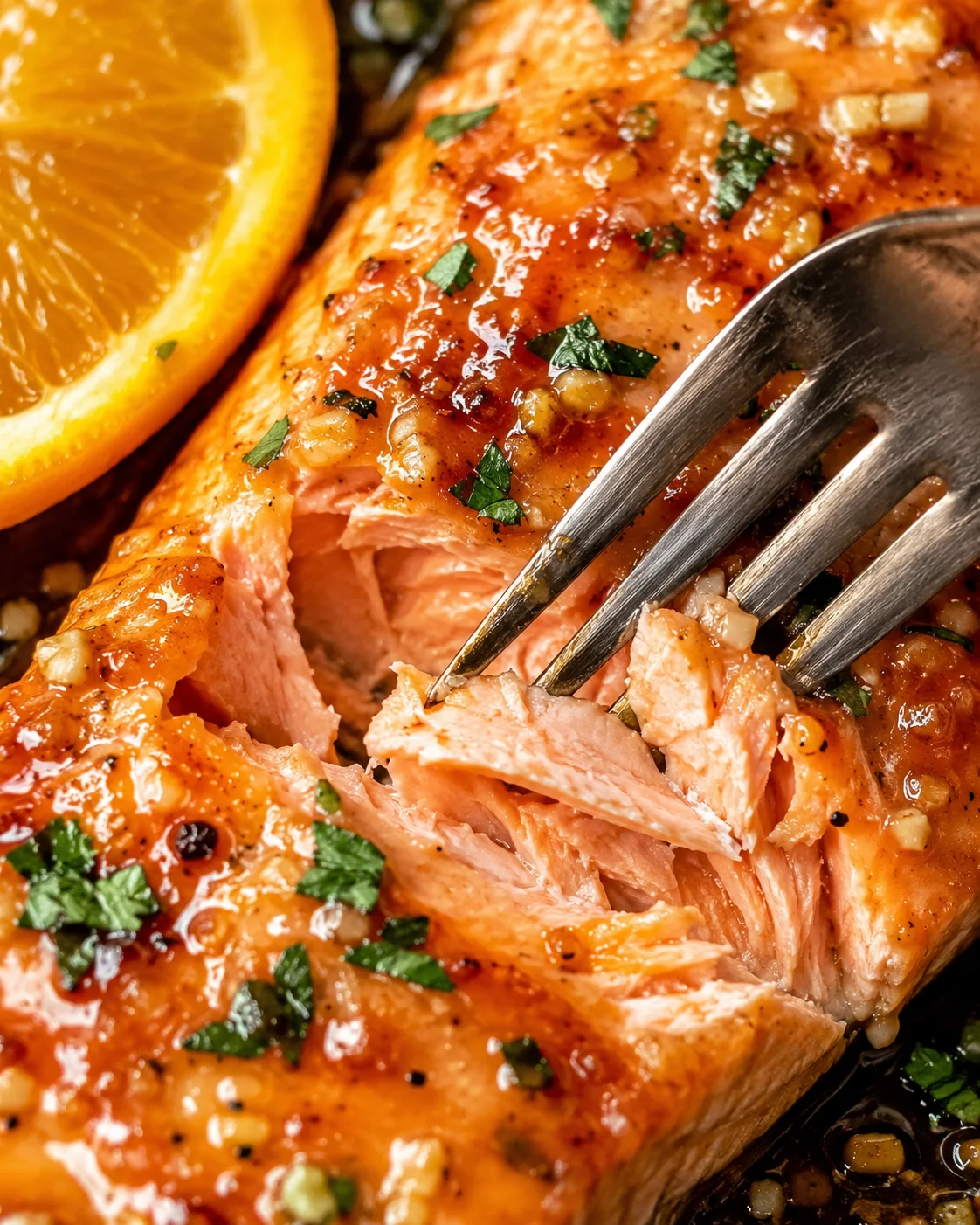 Orange Glazed Salmon Close-Up Juicy salmon fillet topped with orange glaze and garnished with herbs and lemon