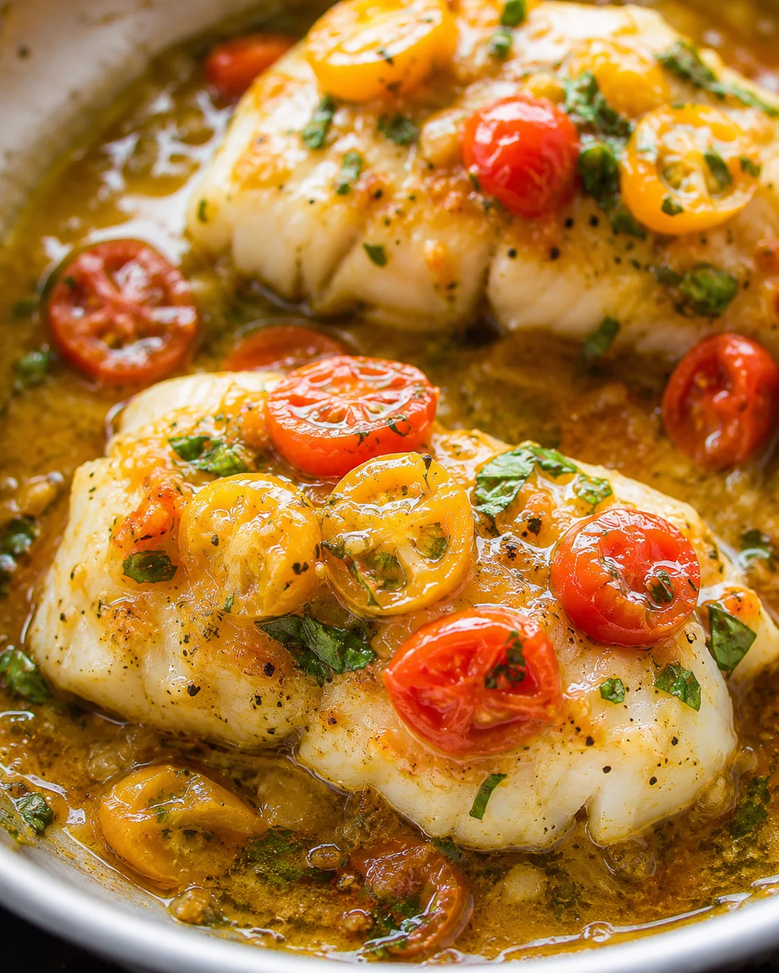 Delicious pan-seared cod topped with vibrant tomato basil sauce and cherry tomatoes